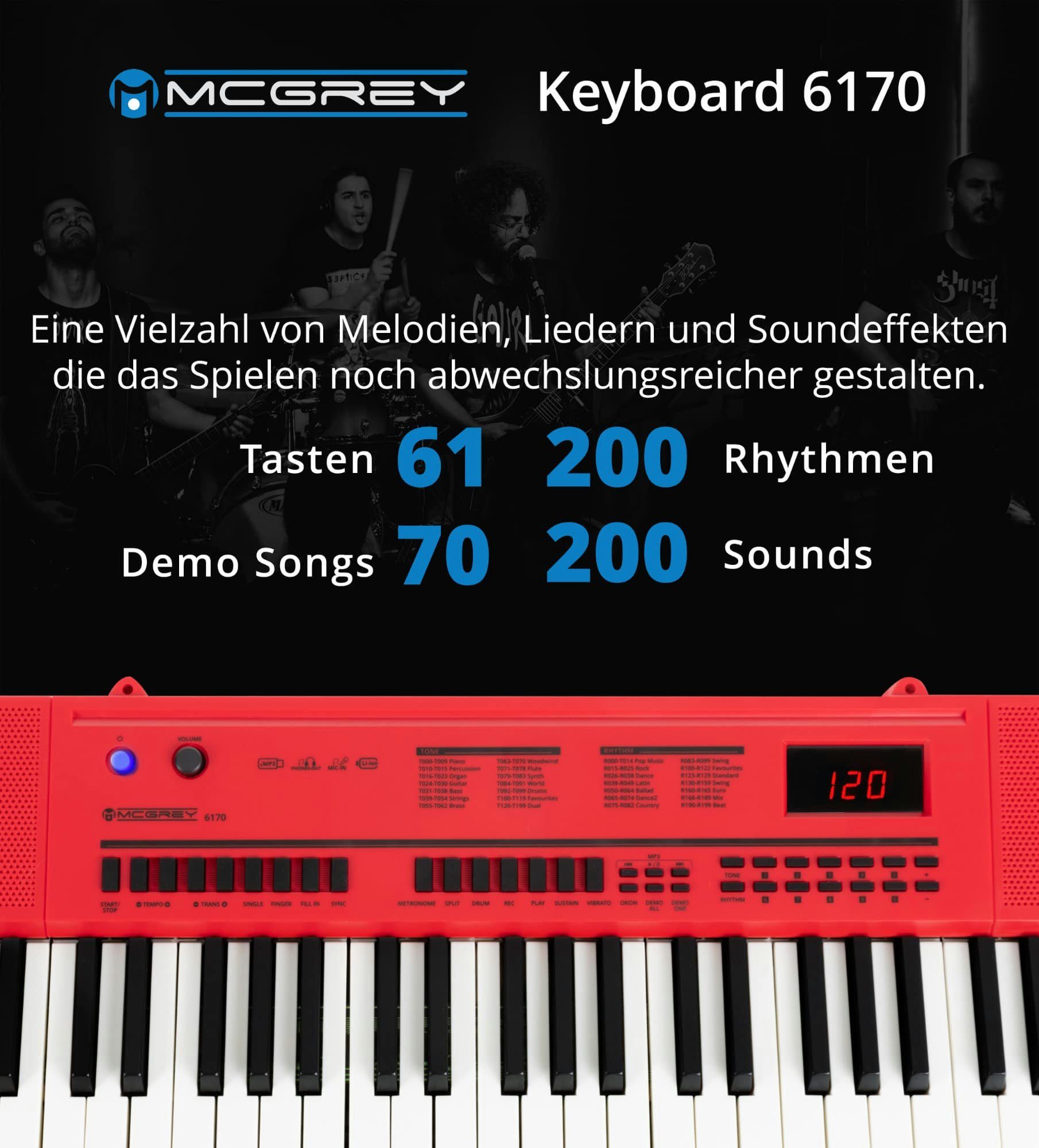 McGrey Home-Keyboard 6170 Akku-Keyboard - 61 Tasten-Keyboard mit integriertem Akku (Spar-Set, inkl. X-Ständer, Kopfhörer & Keyboardschule), MP3-Player via USB-Stick mit Begleitautomatik & Lernfunktion