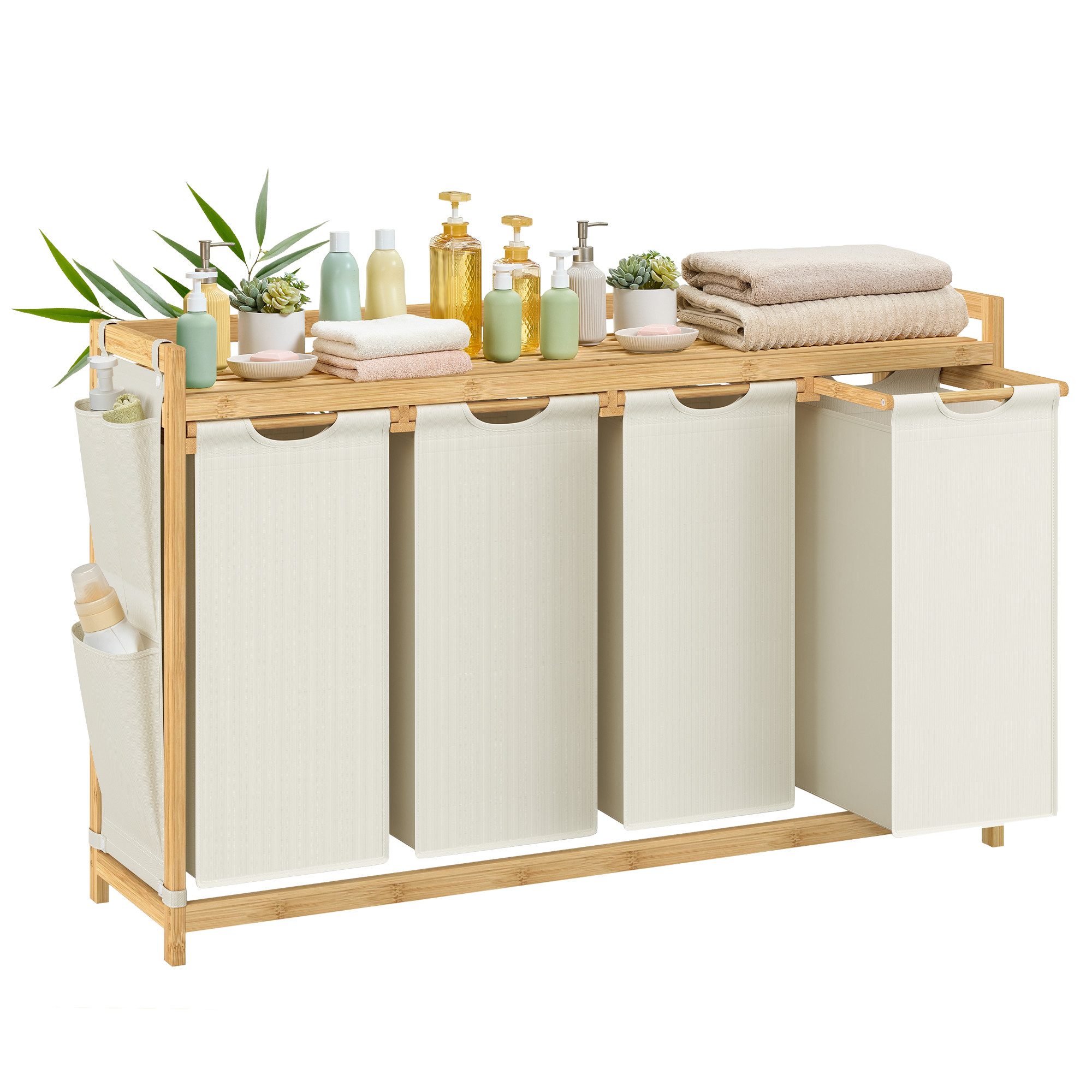 SONGMICS Wäschekorb, 2/3/4 Fächer, Bambus, Wäschesammler 100/150/200 L, Wäschesortierer