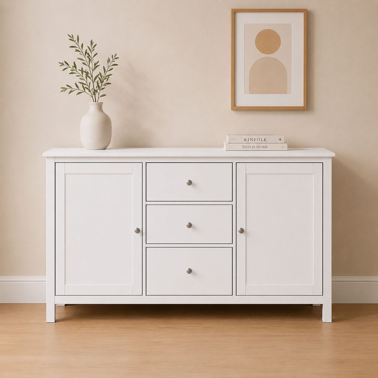 Inter Link Kombikommode Pinora, Kiefer Massivholz, Weiss, 160 x 39,50 x 96 cm, viel Stauraum (1 St), Sideboard im modernem Skandi Look, 3 Schubladen, 2 Türen