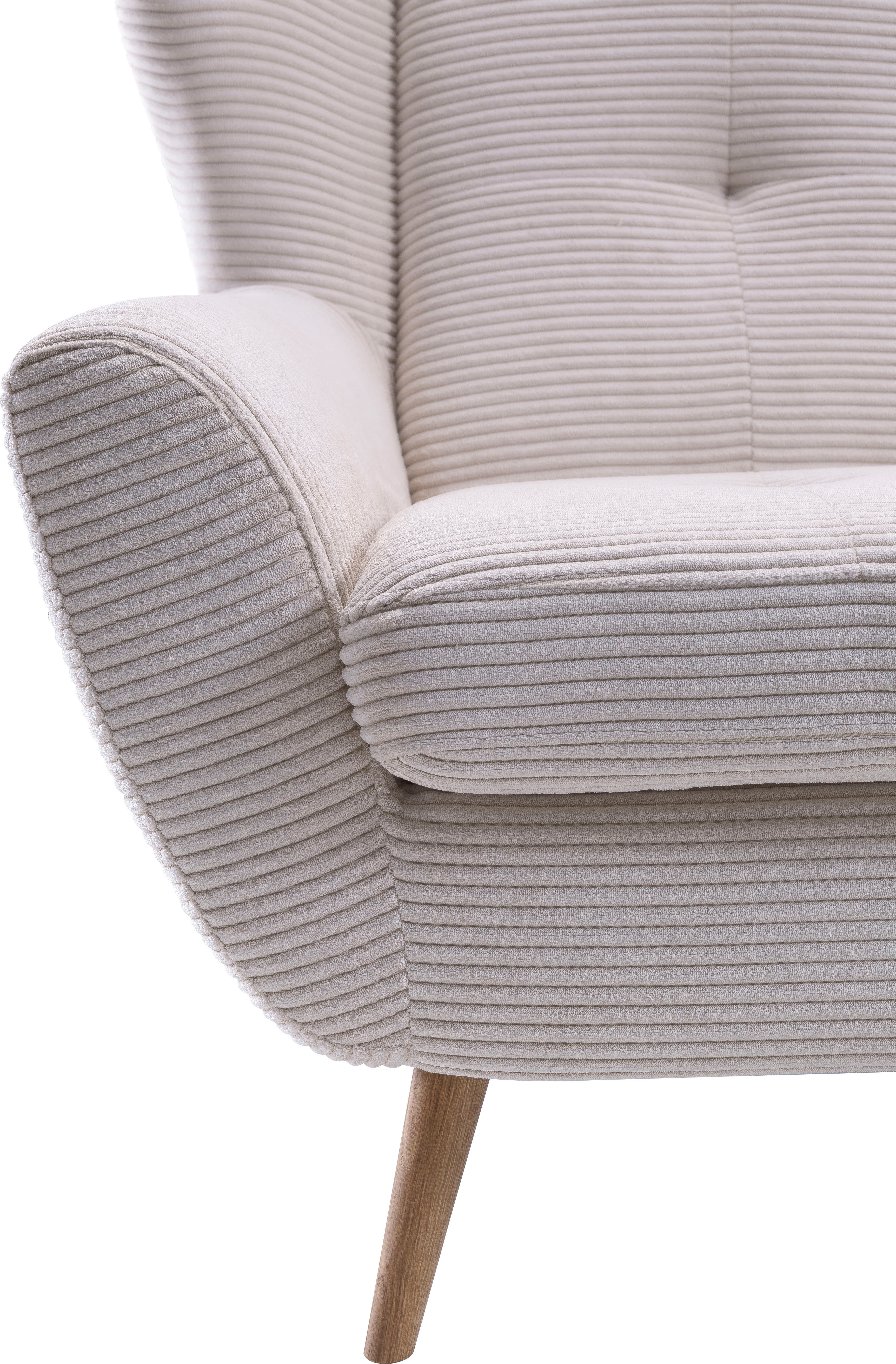 exxpo - sofa fashion Sessel ALVESTA, Ohrensessel, Loungesessel mit hohem Sitzkomfort, gemütliche Rückenlehne, mit Knopfheftung und hohen Holzfüßen, in Cord