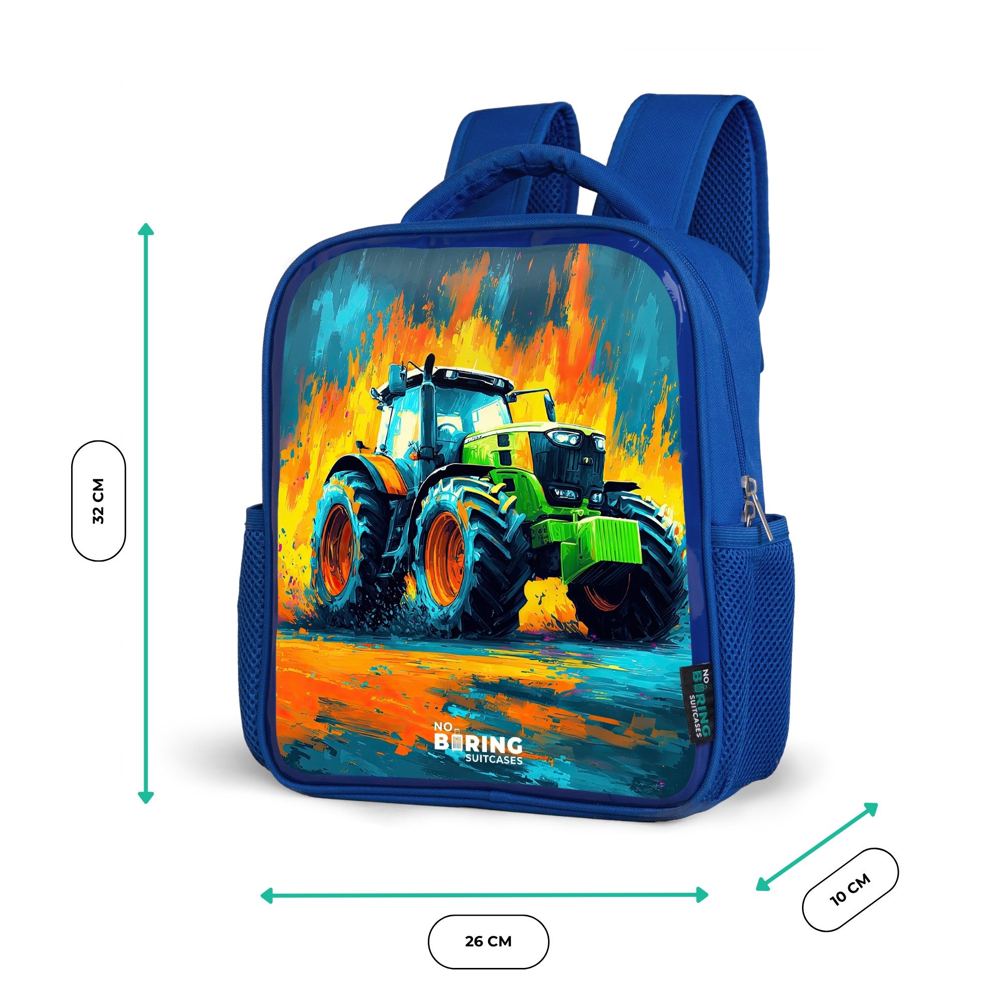 NoBoringSuitcases.com© Rucksack Blau - Traktor - Grün - Abstrakt - Pinselstriche, Kinderrucksack, Schulrucksack, Freizeitrucksack, Jungen, Kindergarten – Bild 5 von 5