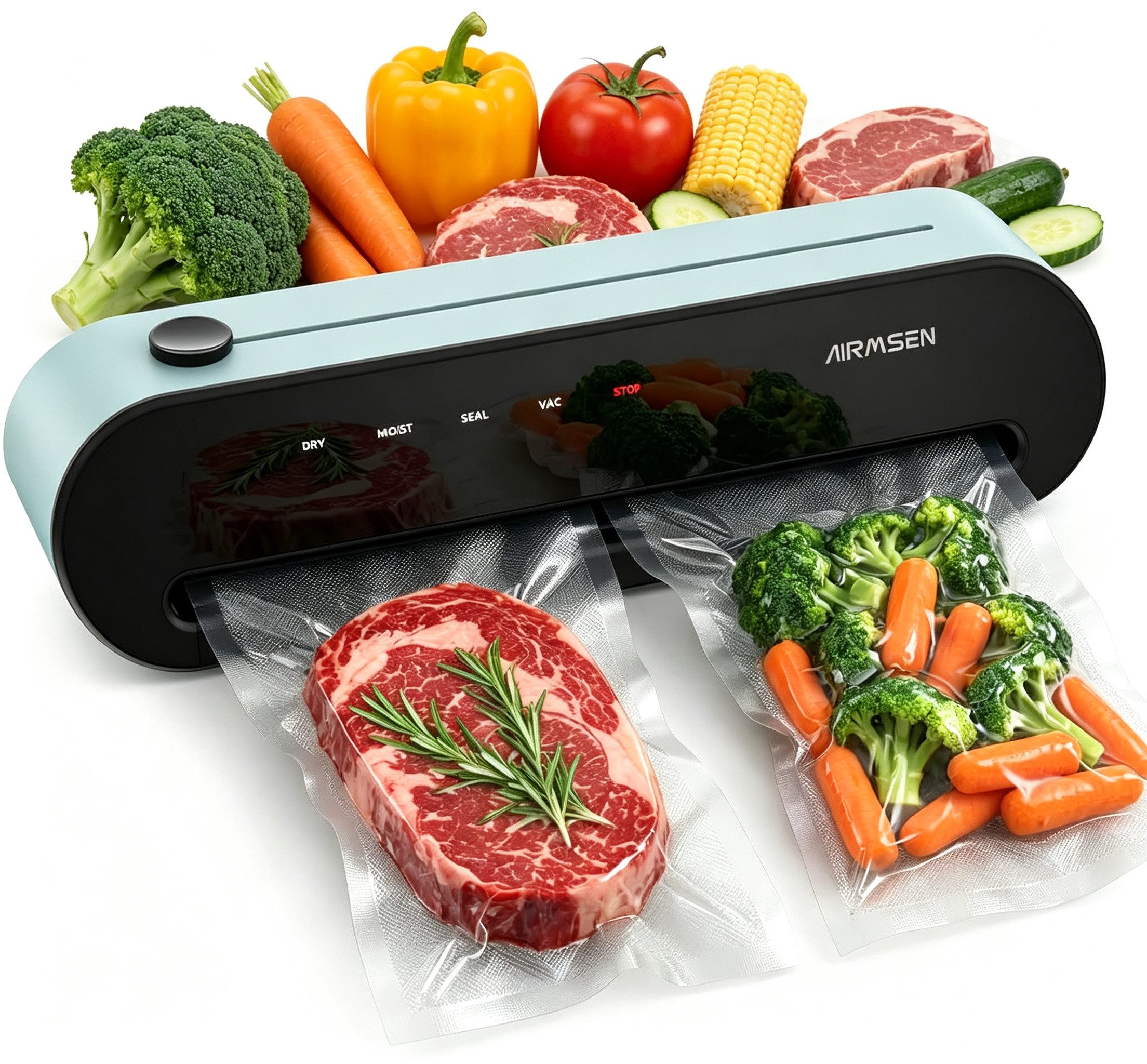 Airmsen Vakuumierer 5-in-1-Vakuumiergerät Vollautomatische Vakuumierung und Versiegelung, 120W, vacuumiergeraet mit Cutter & Schlauchaufbewahrung für lebensmittel
