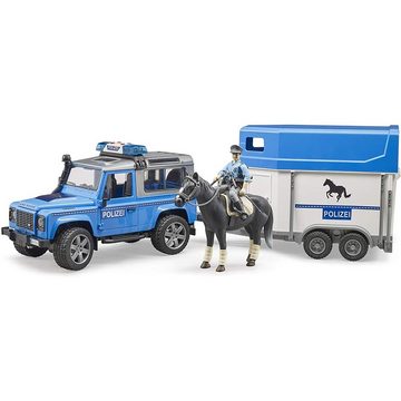 Bruder® Spielzeug-Polizei Landrover Defender, Polizeifahrzeug mit Pferdeanhänger, Pferd und Polizist, Blau/Weiß