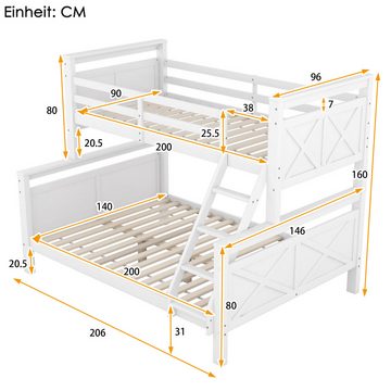 PHOEBE CAT Etagenbett, Kinderbett mit Leiter und Lattenrost, 90x200 cm+140x200 cm, Kiefer