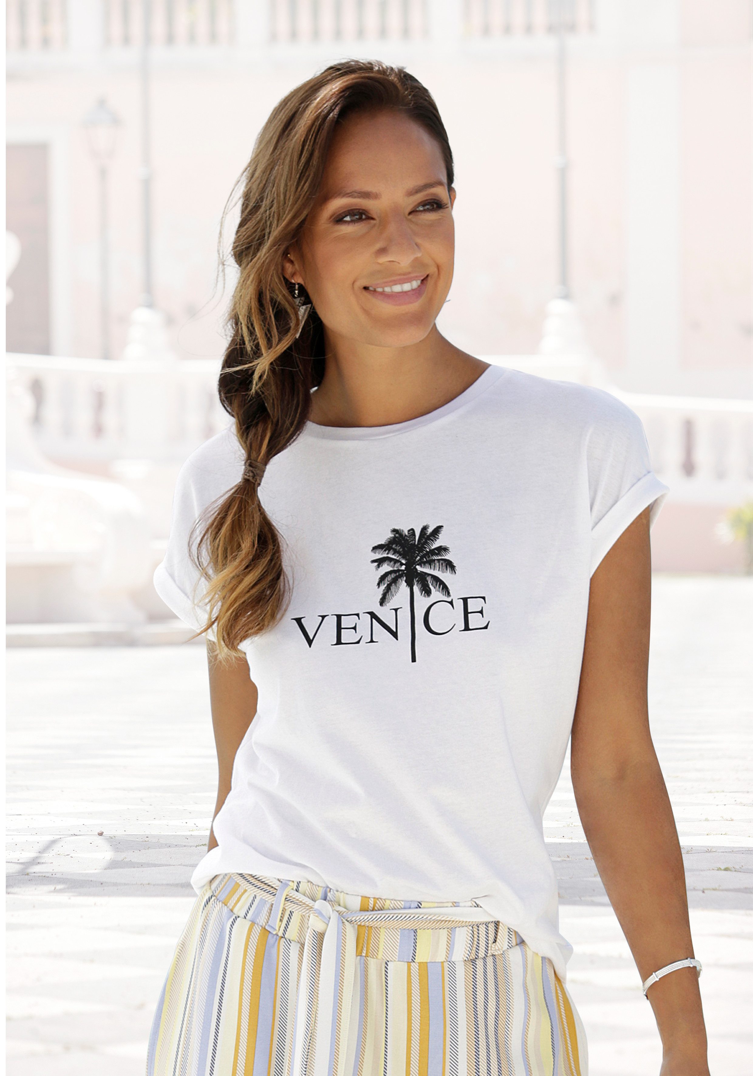 Venice Beach Rundhalsshirt mit Frontdruck, T-shirt aus Baumwolle, Kurzarmshirt, Basic
