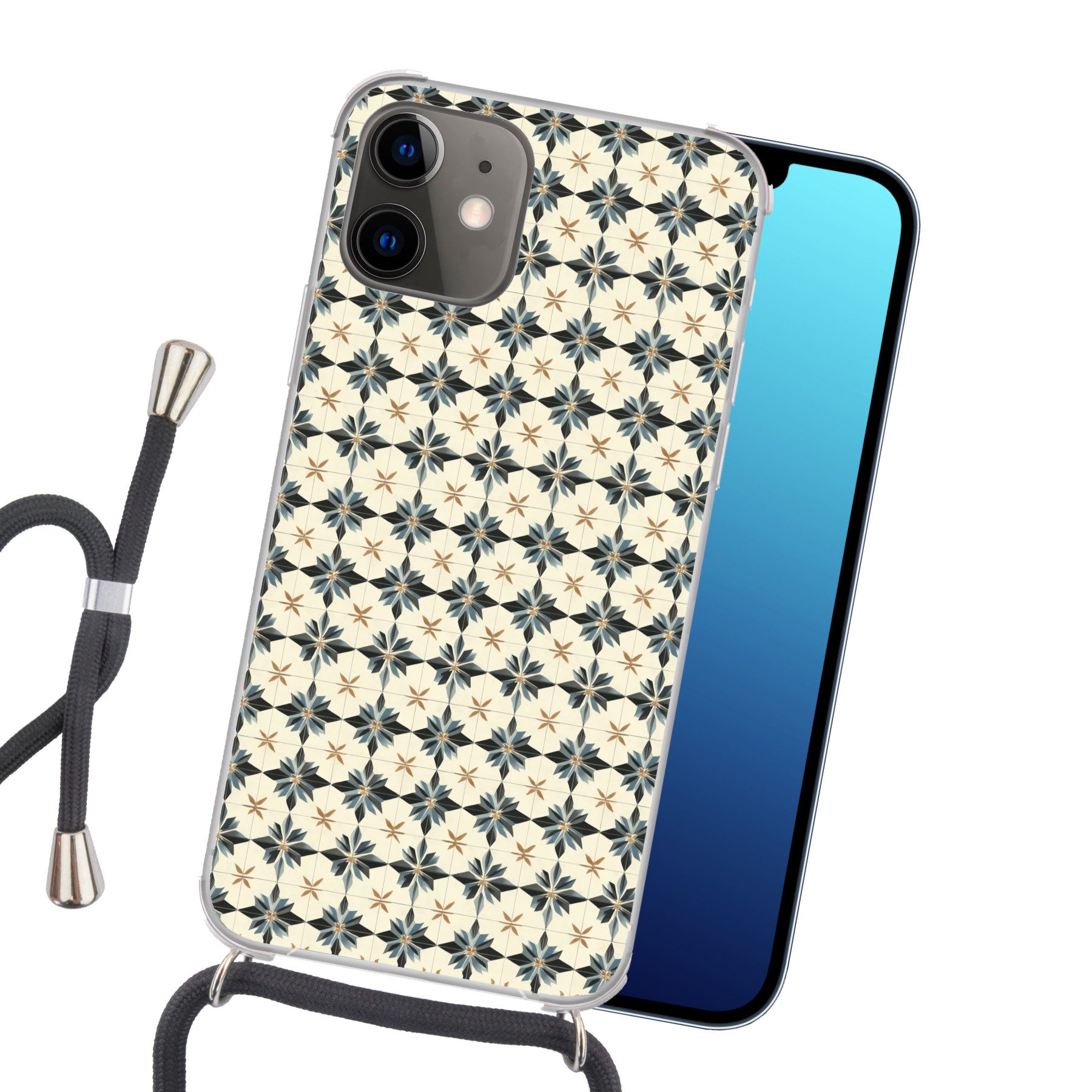 MuchoWow Handyhülle für Apple iPhone 12 Ornamental - Ornament - Blau, Tragbare Handyhüllen mit Kette zum umhängen, Handykette Handyband