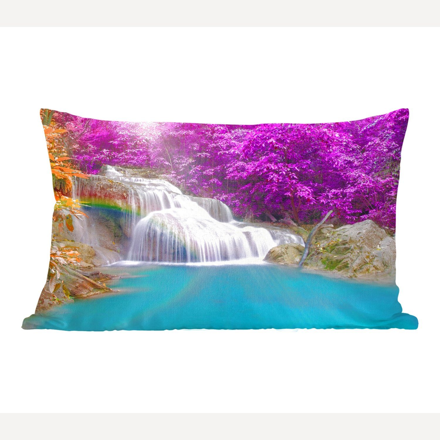 Wasserfall Dekokissen Zierkissen, mit MuchoWow Dekokissen - Wohzimmer Dekoration, - Schlafzimmer - Regenbogen Füllung, Bäume Lila,