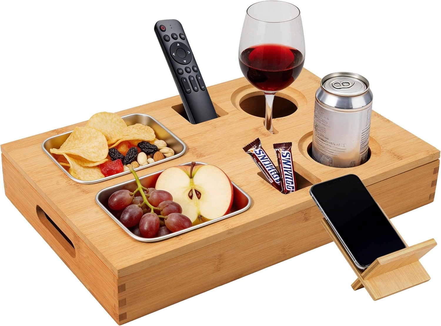 Zedelmaier Servierplatte Snackbox aus Bambus, Couchbar, Kaffeebar, Sofatablett, Bambus, mit 2 Snackschalen, 2 Getränkehaltern mit Untersetzer, Handyhalterung