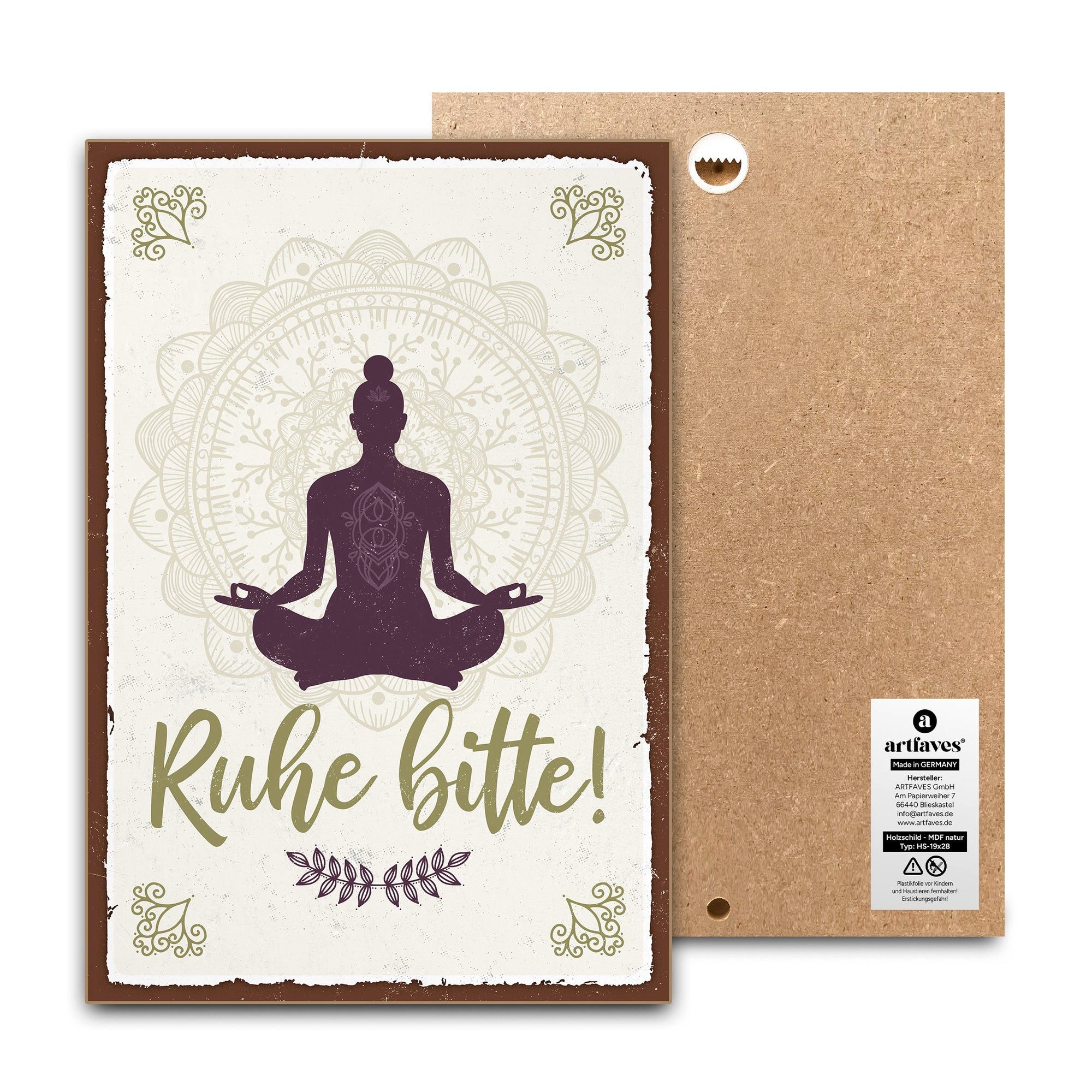 ARTFAVES Holzbild Schild mit Spruch - RUHE BITTE - MEDITIEREN - Meditation, Spiritualitä