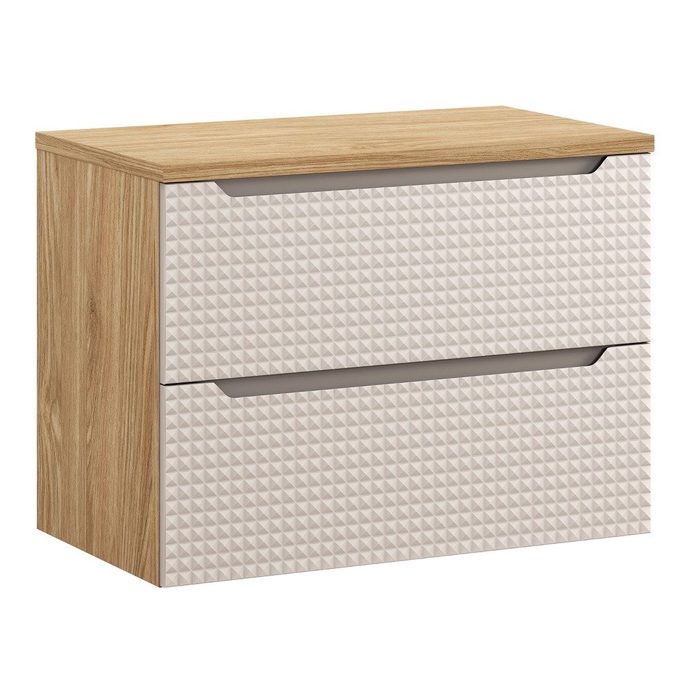 Lomadox Waschbeckenschrank LONDON-56-BEIGE 80cm breit, Eiche mit beige, grifflos, Schubladen, 3D-Front