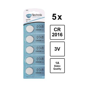 SLABO CR2016 Knopfzellen Batterien Lithium - 3.0V - 5er-Pack – Li-Ion Knopfzellen für Armbanduhr, Taschenlampe, Taschenrechner etc. - 5er-Pack Batterie