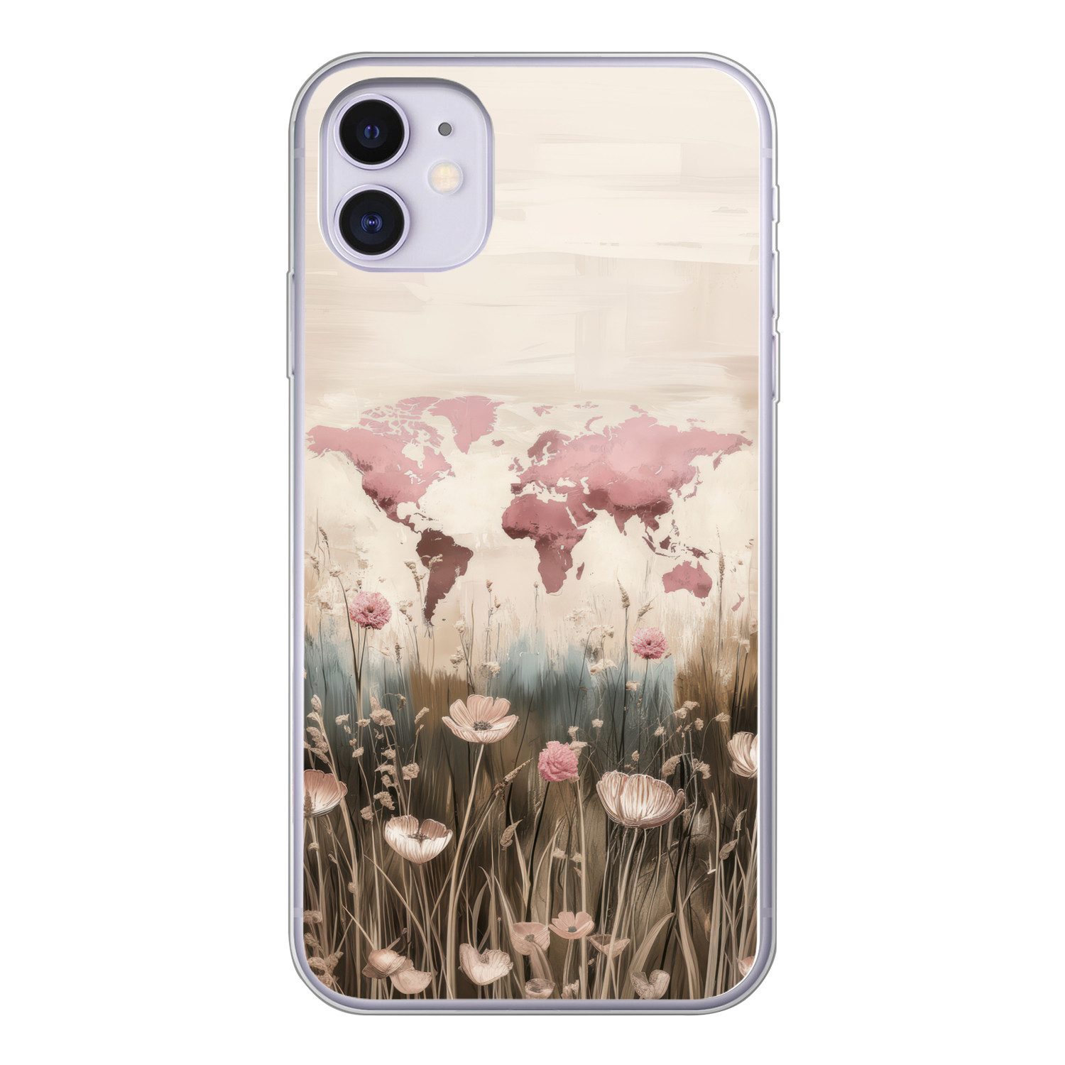MuchoWow Handyhülle für Apple iPhone 11 Weltkarte - Rosa - Blumen, Smartphone-Bumper, Print, Handy Schutzhülle Dünn