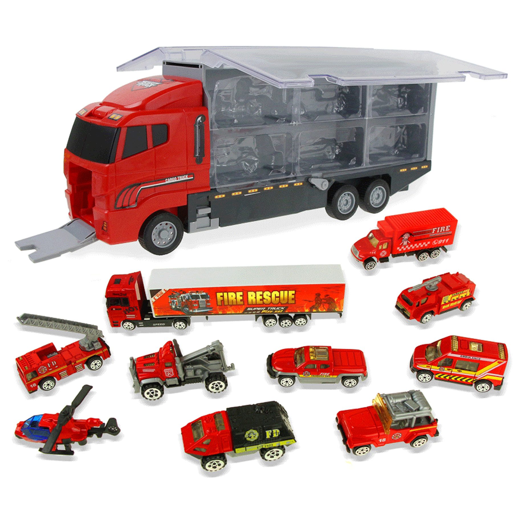 Senmudi Spielzeug-Auto Feuerwehrauto Groß Autotransporter Spielzeug Einsatzfahrzeug, (Feuerwehr Transporter Set mit 10 Miniaturfahrzeugen, Kunststoff Spielzeugauto Carrier, 35x10x15cm), Kinder Autos Spielzeug Set für ab 3 Jahre Junge