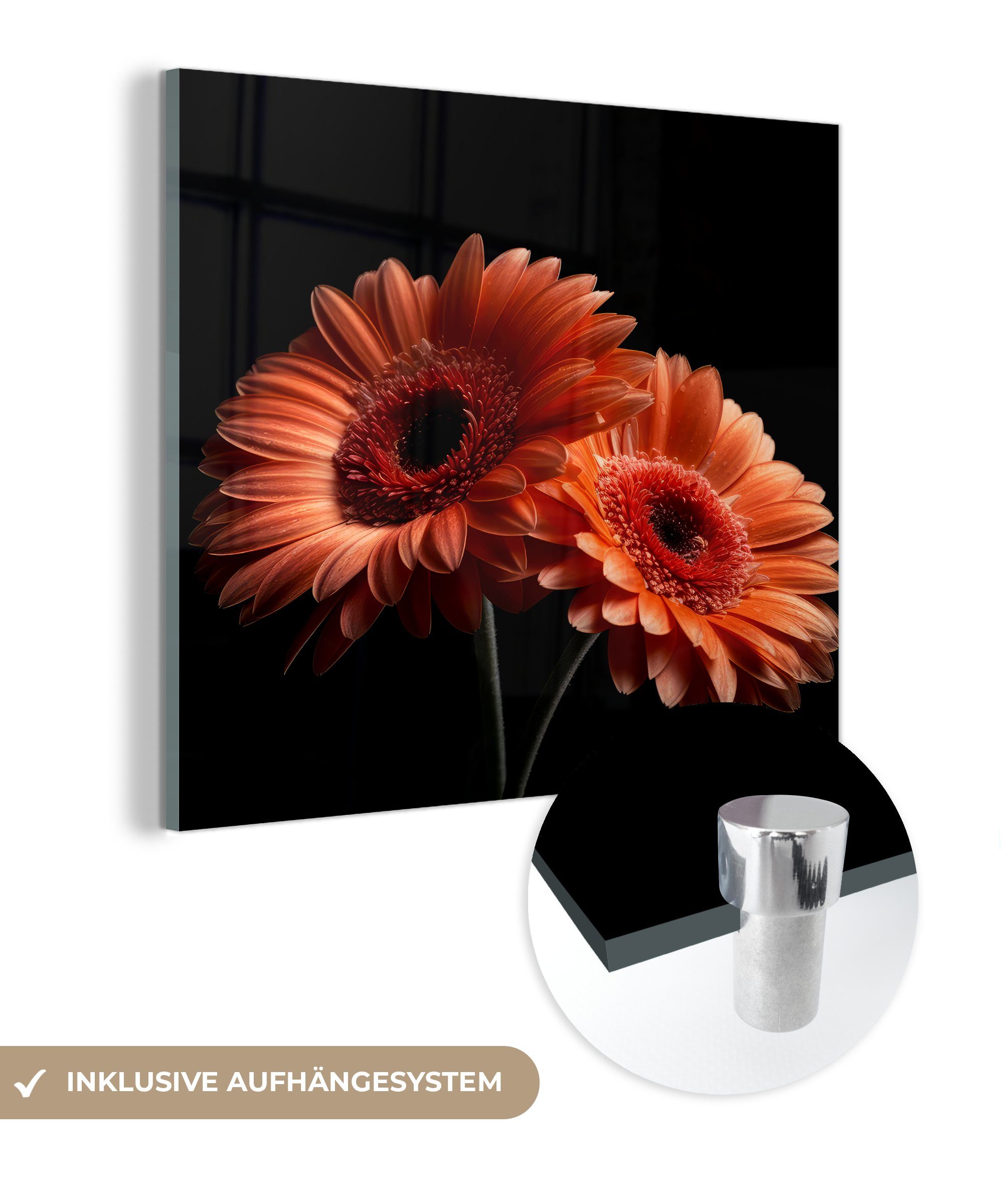- Glas auf Glas Acrylglasbild - Glasbilder Bilder Blumen MuchoWow - - Wanddekoration auf Schwarz, Wandbild (1 St), - Gerbera Foto Botanisch Orange - -