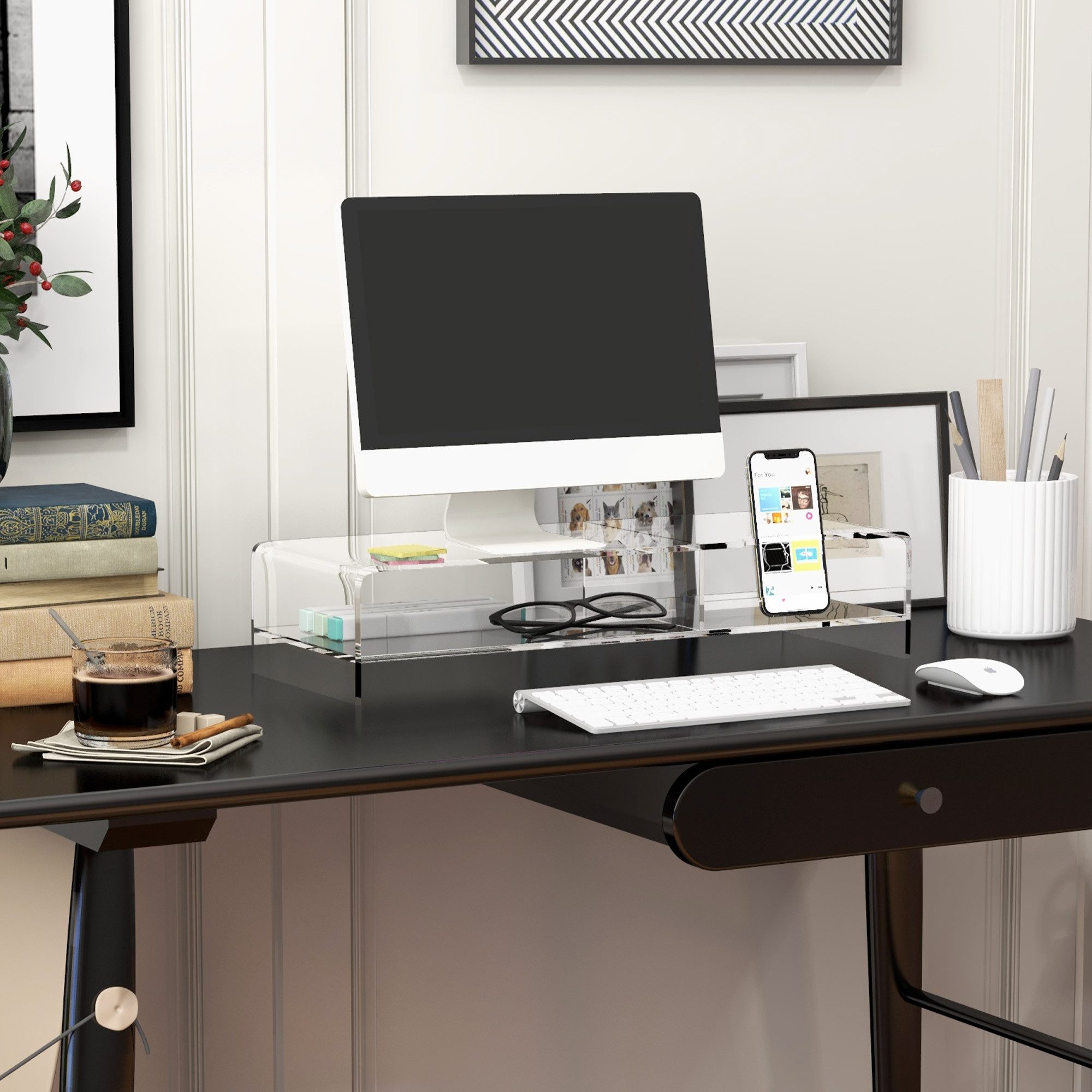 HOMCOM Monitor-Halterung Monitorständer Bildschirmerhöhung mit Staufach, für Monitore, (bis 24 Zoll, Schreibtischaufsatz, 1-tlg., Monitorerhöhung, für Computer, PC, Laptop bis 5kg, Acryl, 50.8 x 19 x 12 cm)