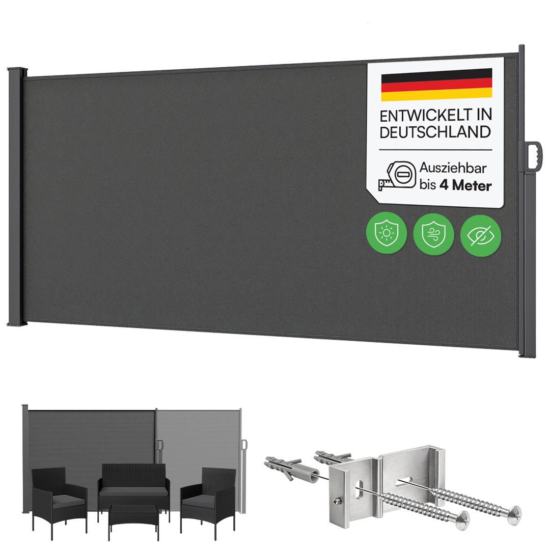STEELSØN Seitenmarkise Zirella mit individuell einstellbarer Länge (anthrazit, 160x400 cm) Windschutz mit Griff, Sichtschutz ausziehbar, für Garten/Terrasse