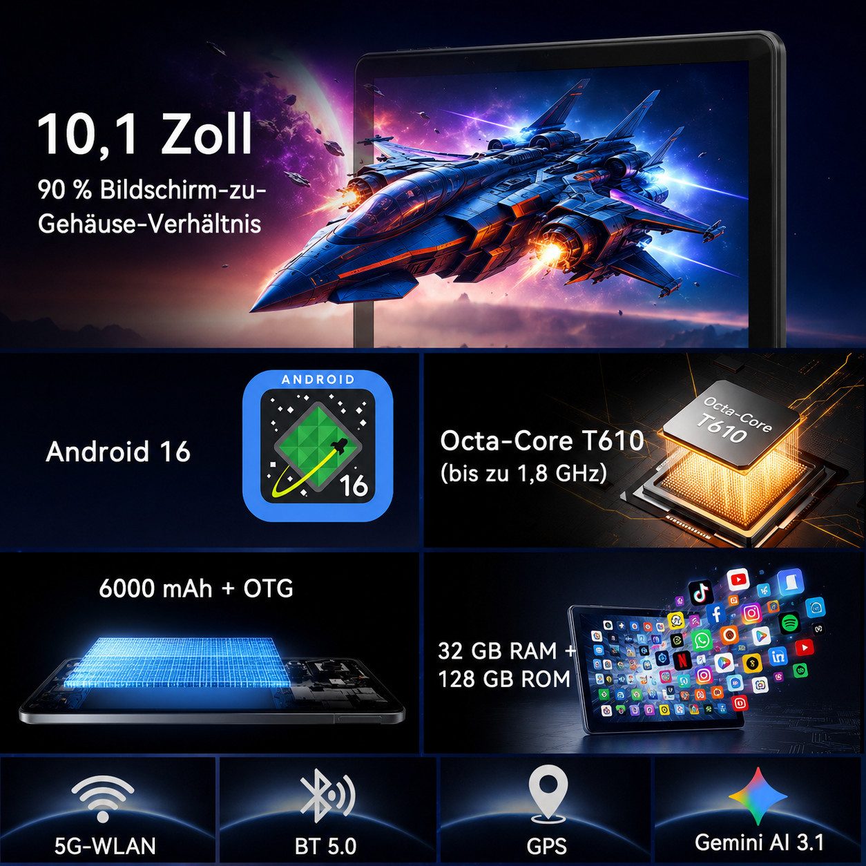 KINGRID 10" 4G LTE W8 Tablet Android 16 mit Tastatur/Stift/Maus/Kopfhörer Tablet (10.1", 128 GB, Android16, 4G(LTE), 6000mAh, Gemini AI 4.0, 5G WiFi, Widevine L – Bild 2 von 5