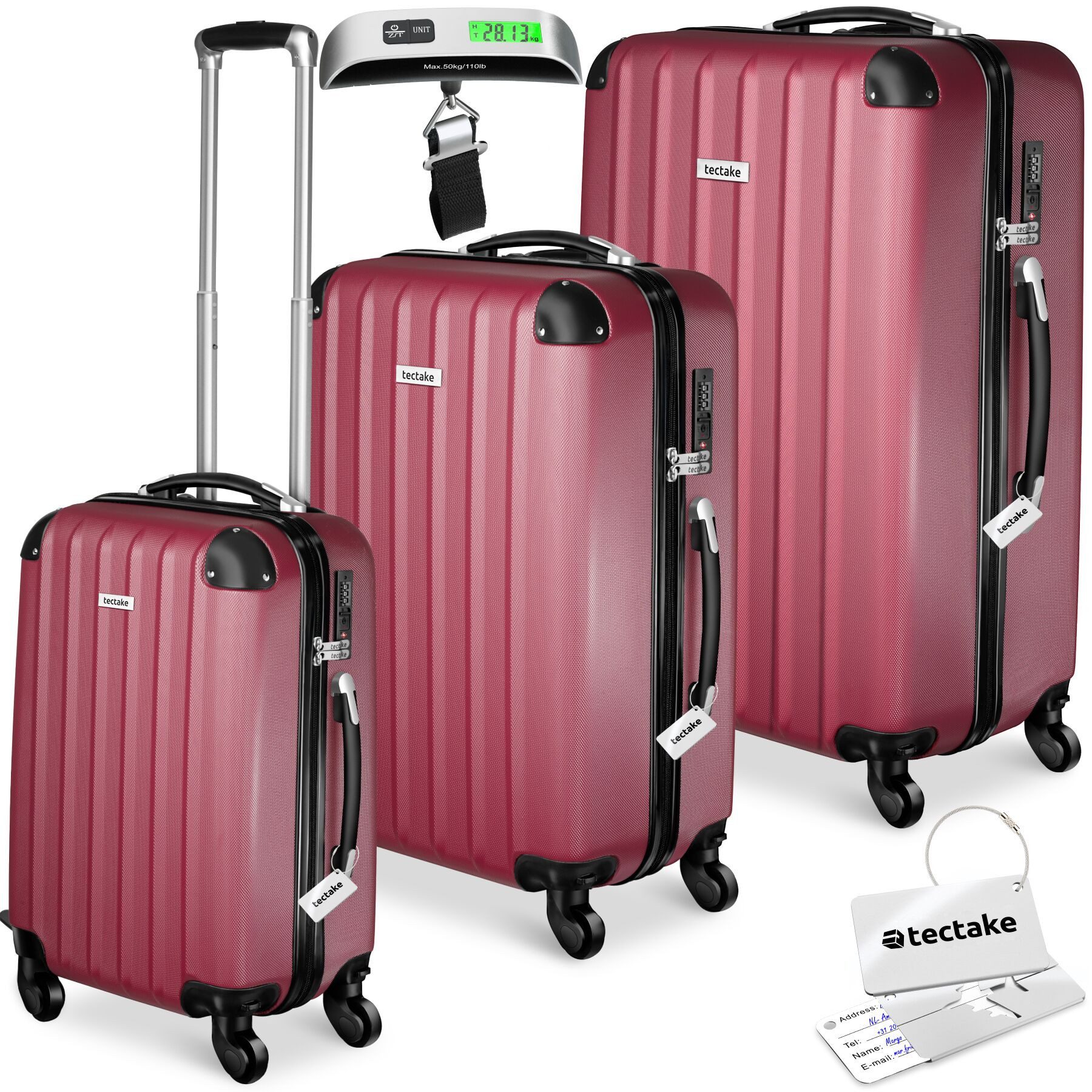 tectake Trolley Hartschalenkoffer-Set aus robustem ABS-Kunststoff, 360° drehbar, 4 Rollen, inkl. Kofferwaage und -anhänger, mit Sicherheits-Zahlenschloss