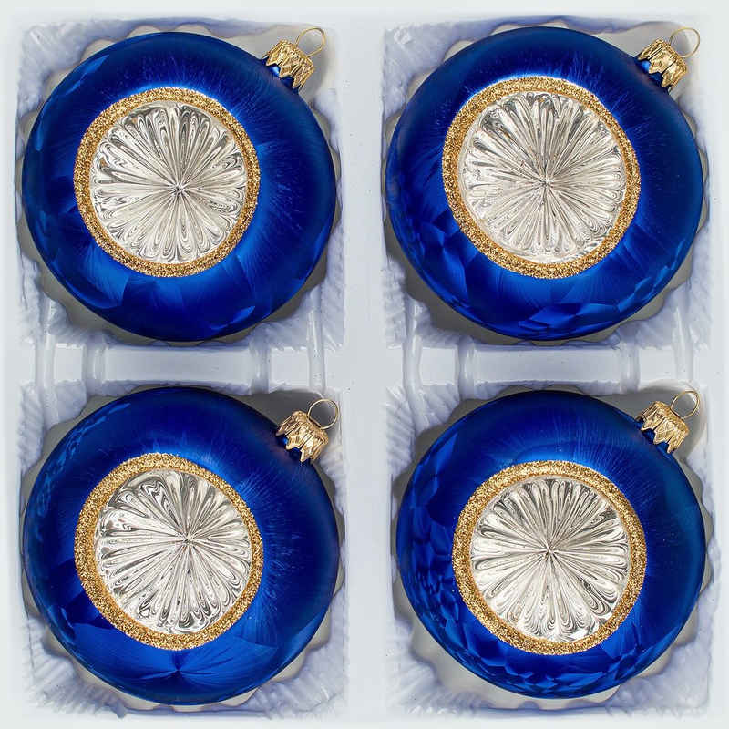 Navidacio Weihnachtsbaumkugel 4 tlg. Glas-Weihnachtskugeln Set 10cm Ø "Vintage Ice Royal Blau Gold"
