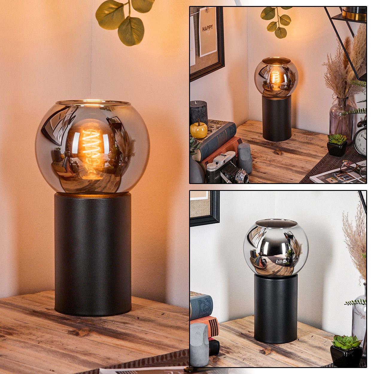 hofstein Tischleuchte Tischlampe aus Metall/Glas in Schwarz/Chrom-/Rauchfarben, ohne Leuchtmittel, Leuchte im Retro/Vintage-Design mit Glasschirm (15 cm), 1 x E14