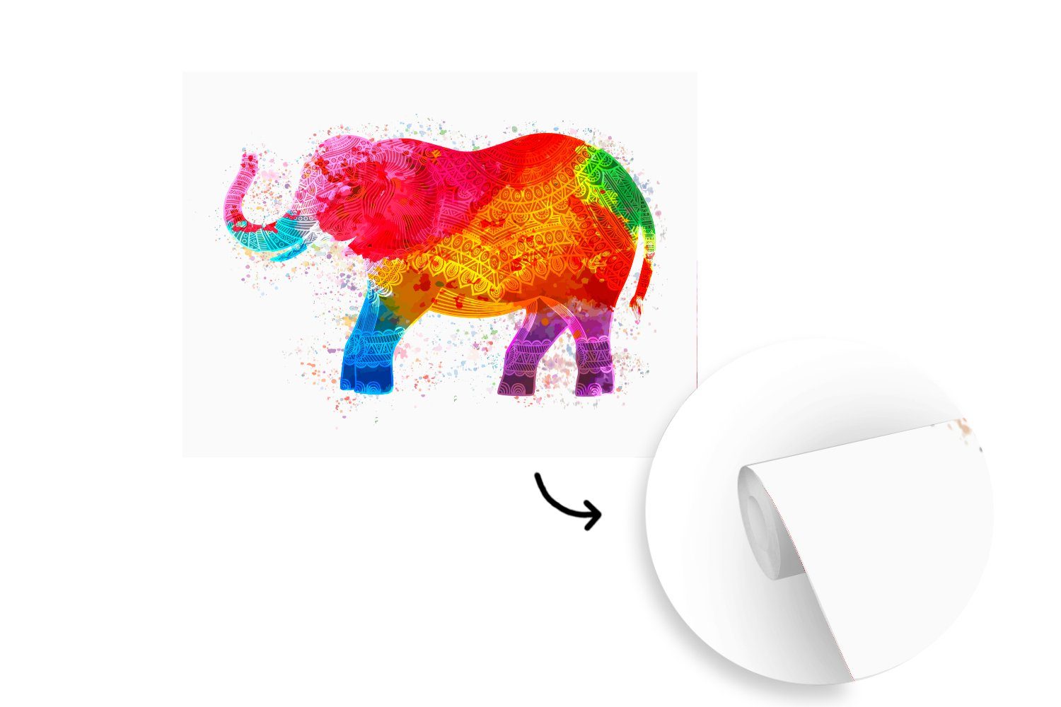 Regenbogen Wohnzimmer, (5 Vinyl Matt, Montagefertig bedruckt, St), Fototapete Wandtapete Elefant für Boho, - Tapete MuchoWow -