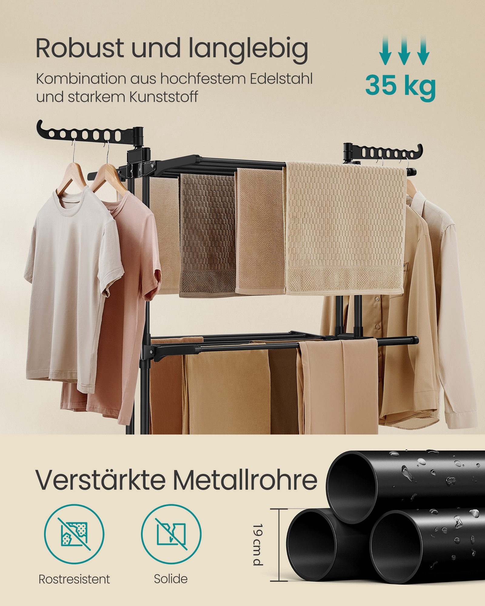 SONGMICS Wäscheständer Turm Standtrockner 4 Ebenen, Flügelwäscheständer, einfacher Aufbau, klappbare Flügel, mit Rollen, 63,5 x 128 x 173 cm – Bild 4 von 5