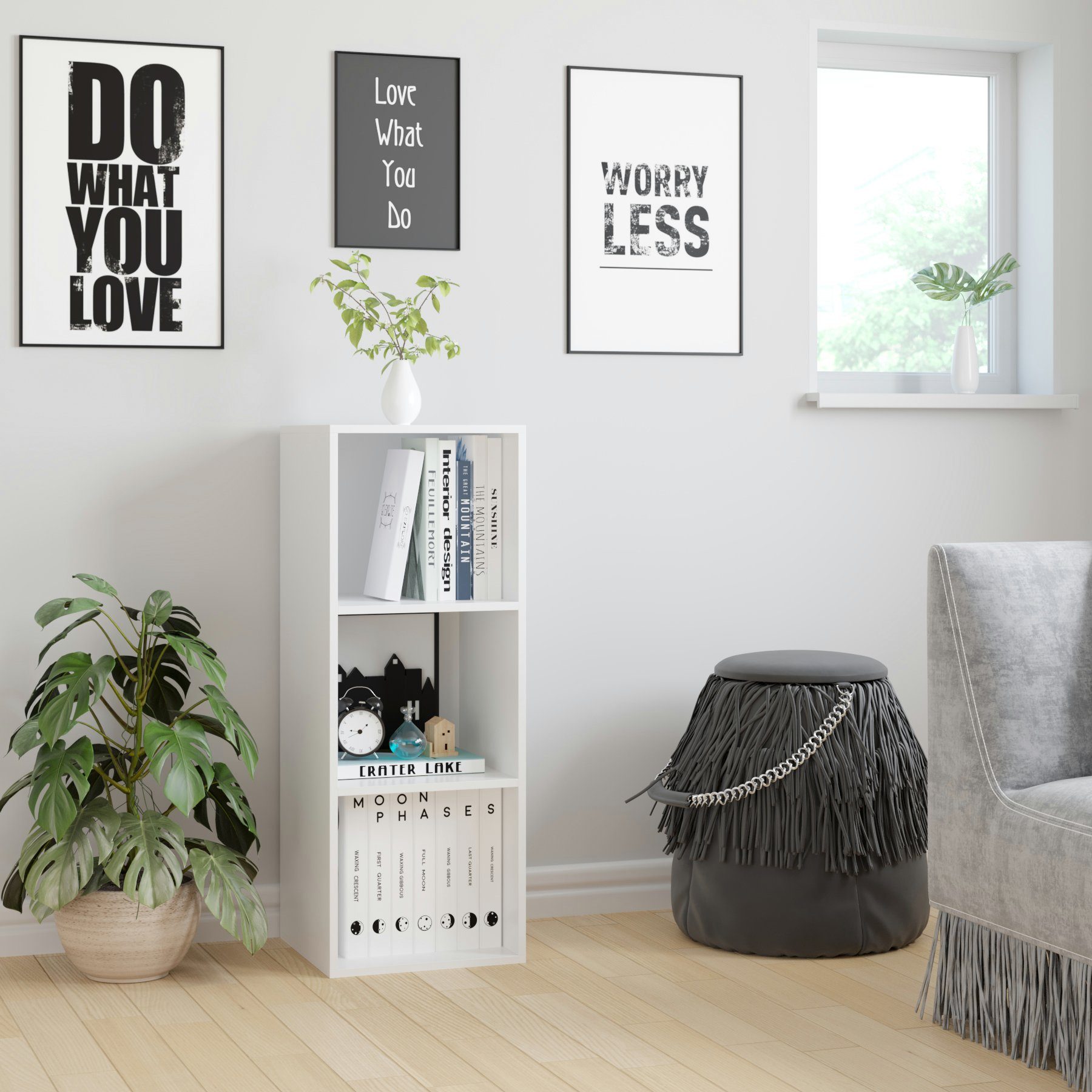 Homfa Bücherregal, Standregal mit 3 Fächern, Würfelregal, Regal weiß, 30x30x80cm