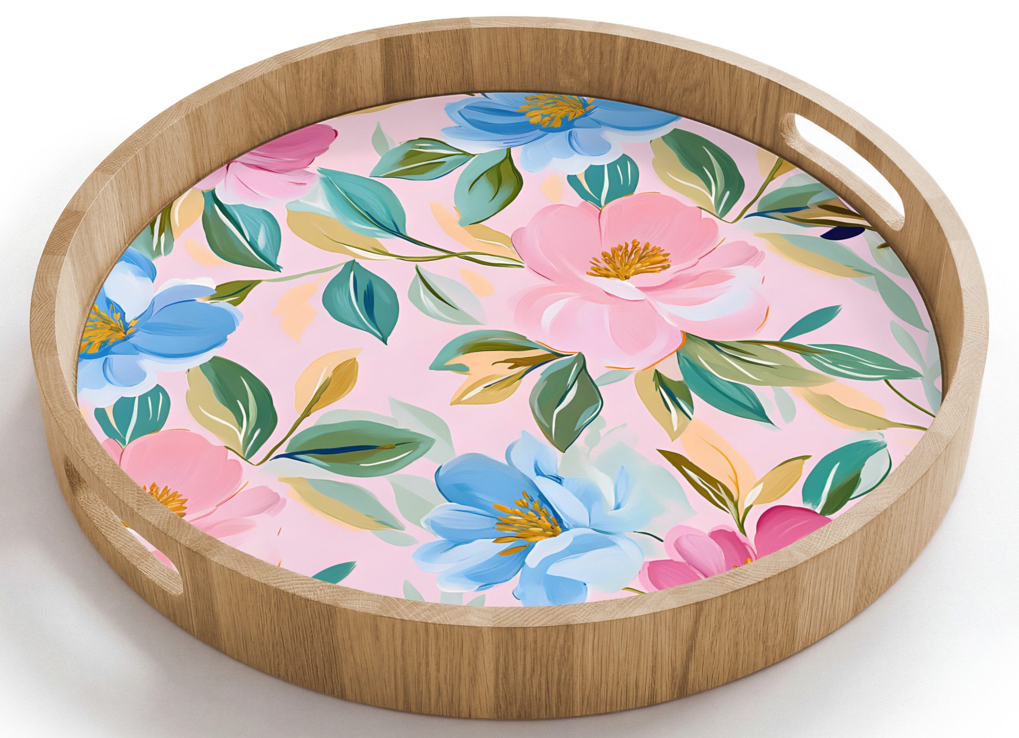 OnlyWow Tablett Rund mit Henkel Blau - Rosa - Blumen, Eichenholz, (1-tlg), Siervierplatte, Tray, Frühstücksbrett