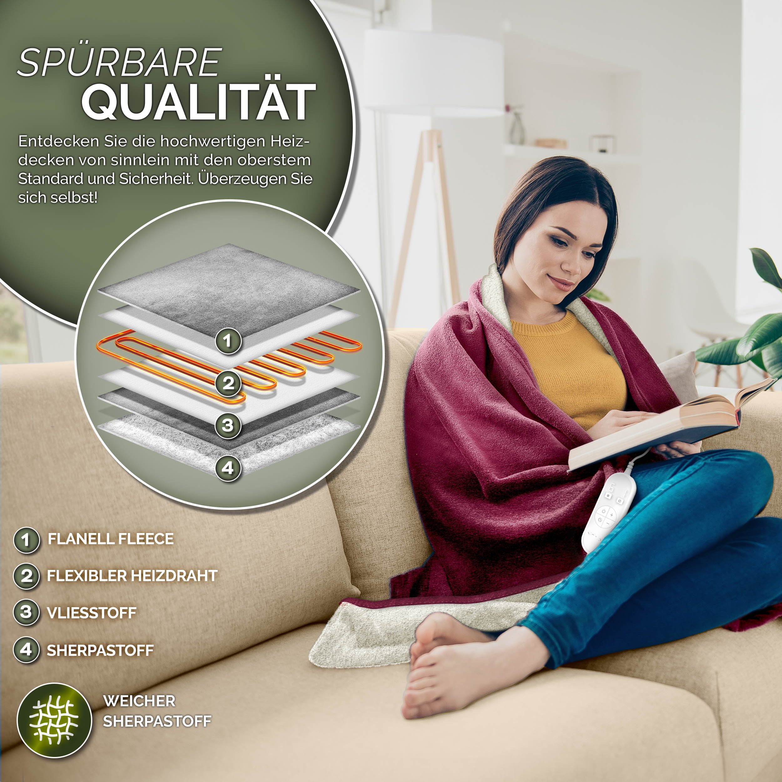 sinnlein Heizdecke mit Abschaltautomatik Elektrische Wärmedecke, mit 9 Temperaturstufen Kuscheldecke Bett, Sofa, Decke elektrisch mit Timer Digitalanzeige, 9 Temperaturstufen