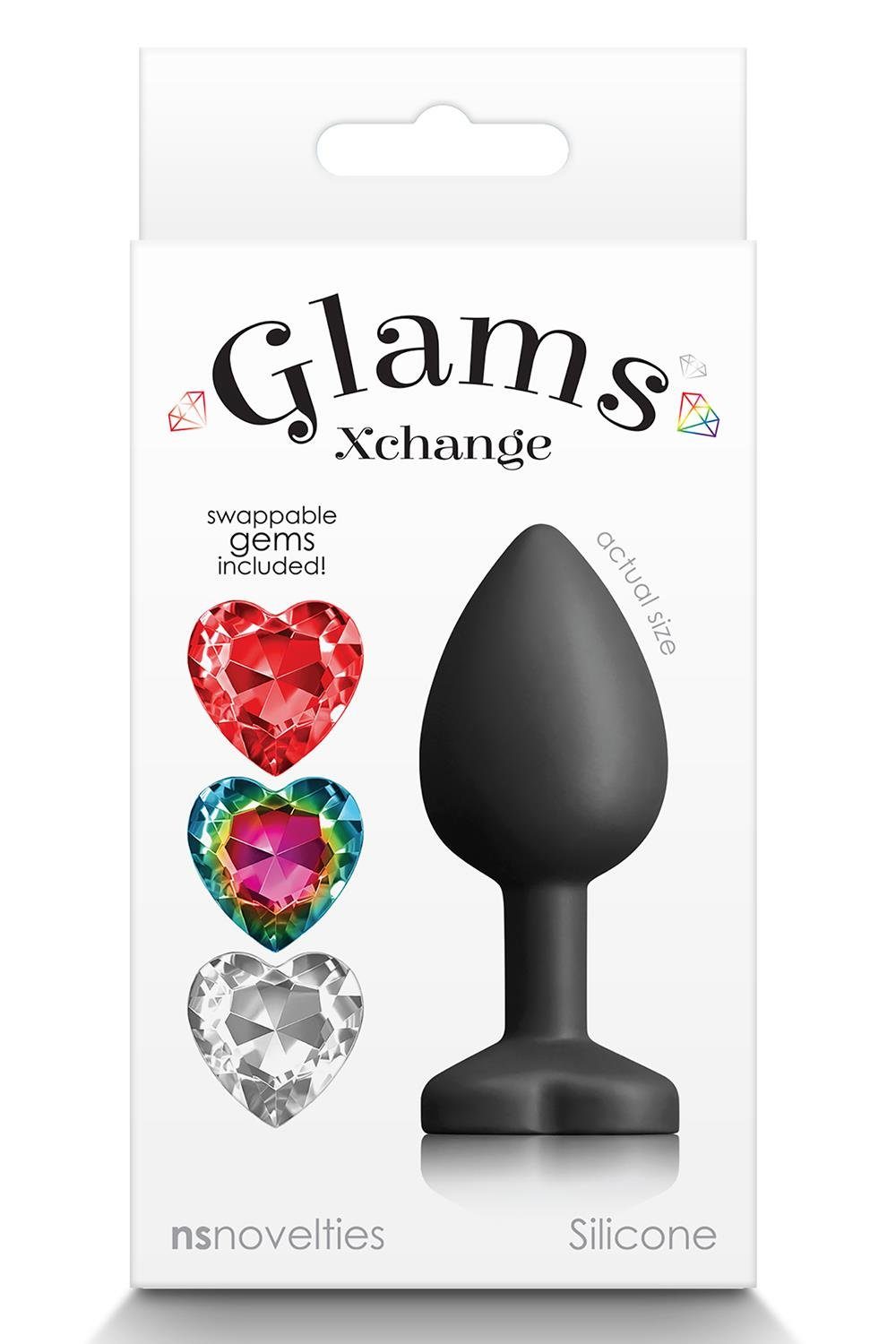 NS Novelties Analplug Glams XChange Heart Small 3 cm, mit drei austauschbaren bunten Edelsteinen.