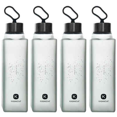 KASANOVA Trinkflasche 4er Set PURE Wasserflasche Glas Premium Grau Auslaufsicher Glasflasche Wiederverwendbar Robust Indoor Outdoor, 420ml, mit Silikonschlaufe