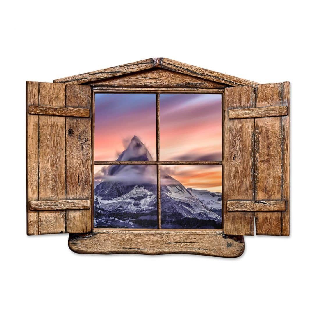Aufkleber Abenddämmerung, selbstklebend Vintage Berg Art Wandbild Hütte Holzfenster Wandtattoo K&L Wall Wandtattoo 3D Bergspitze