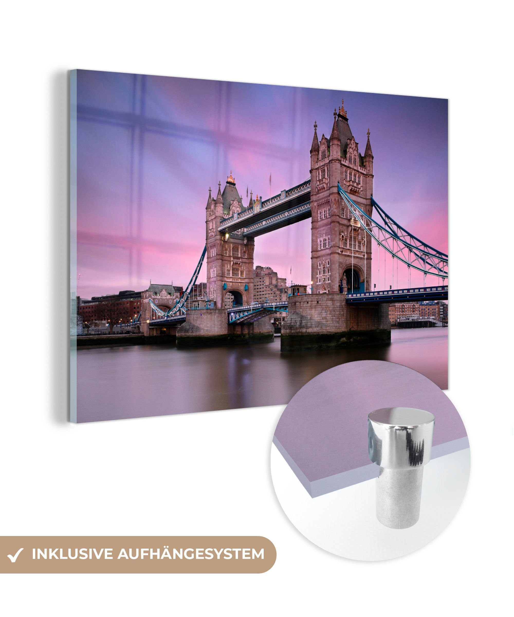 MuchoWow Acrylglasbild Rosa und lila Himmel über der Tower Bridge in England, (1 St), Acrylglasbilder Wohnzimmer & Schlafzimmer