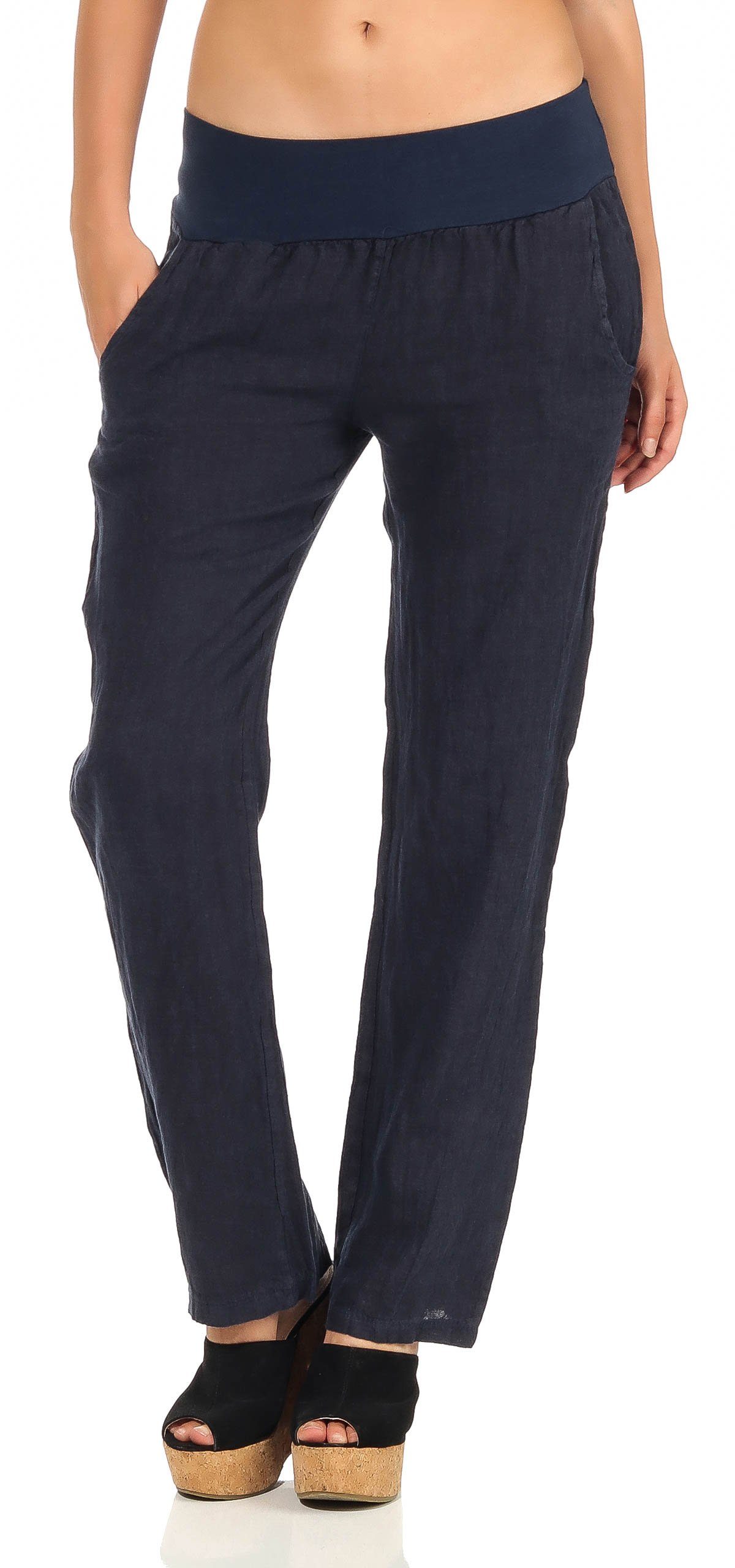 malito more than fashion Leinenhose 7792 leichte Stoffhose mit elastischem Bund dunkelblau | Weite Hosen