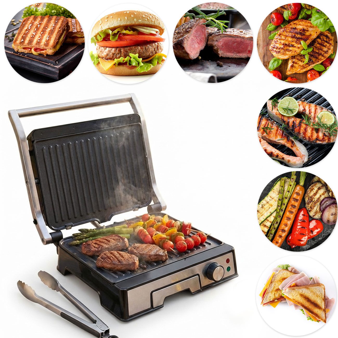 Casativo Kontaktgrill Elektro-Kontaktgrill 2000W antihaftbeschichtet Tischgrill für Steaks, 2000 W, 2-in-1 Kontakt- & Tischgrill/LED-Statusleuchten