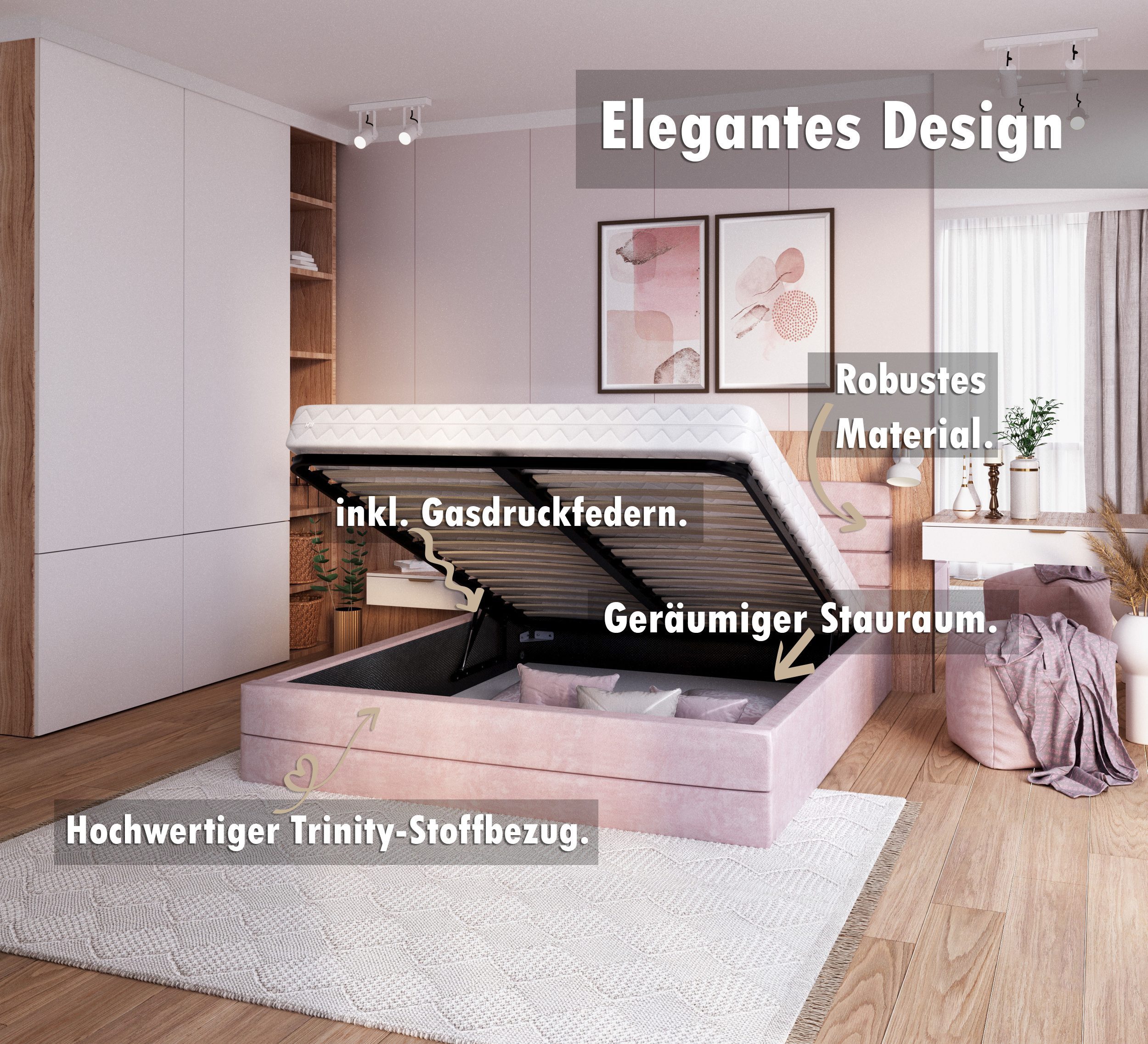 thematys Polsterbett Bett Stauraumbett Velours 90x200, 120x200, 140x200, 160x200, 180x200cm (MADE IN EU - mit hochwertigem Velours Bezug, Bettrahmen, Bett, Opti – Bild 3 von 5
