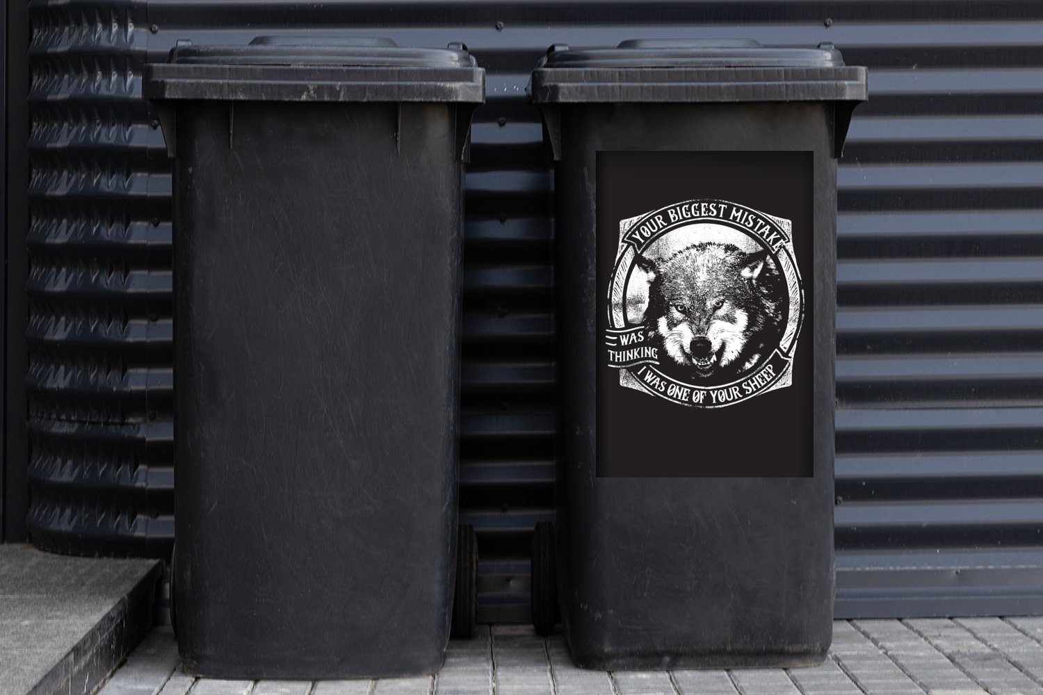 - (1 MuchoWow Weiß Container, - Abfalbehälter - Schwarz Wolf Mülltonne, Mülleimer-aufkleber, Sticker, St), Wandsticker Retro