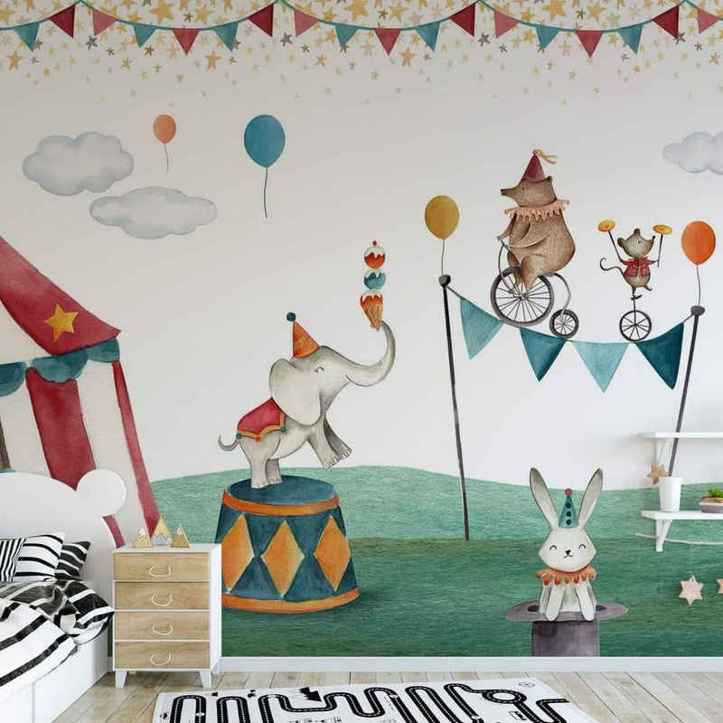 K&L Wall Art Fototapete Fototapete Baby Kinderzimmer Vliestapete Zirkus Freunde Elefant Hase Bär, große XXL Motivtapete