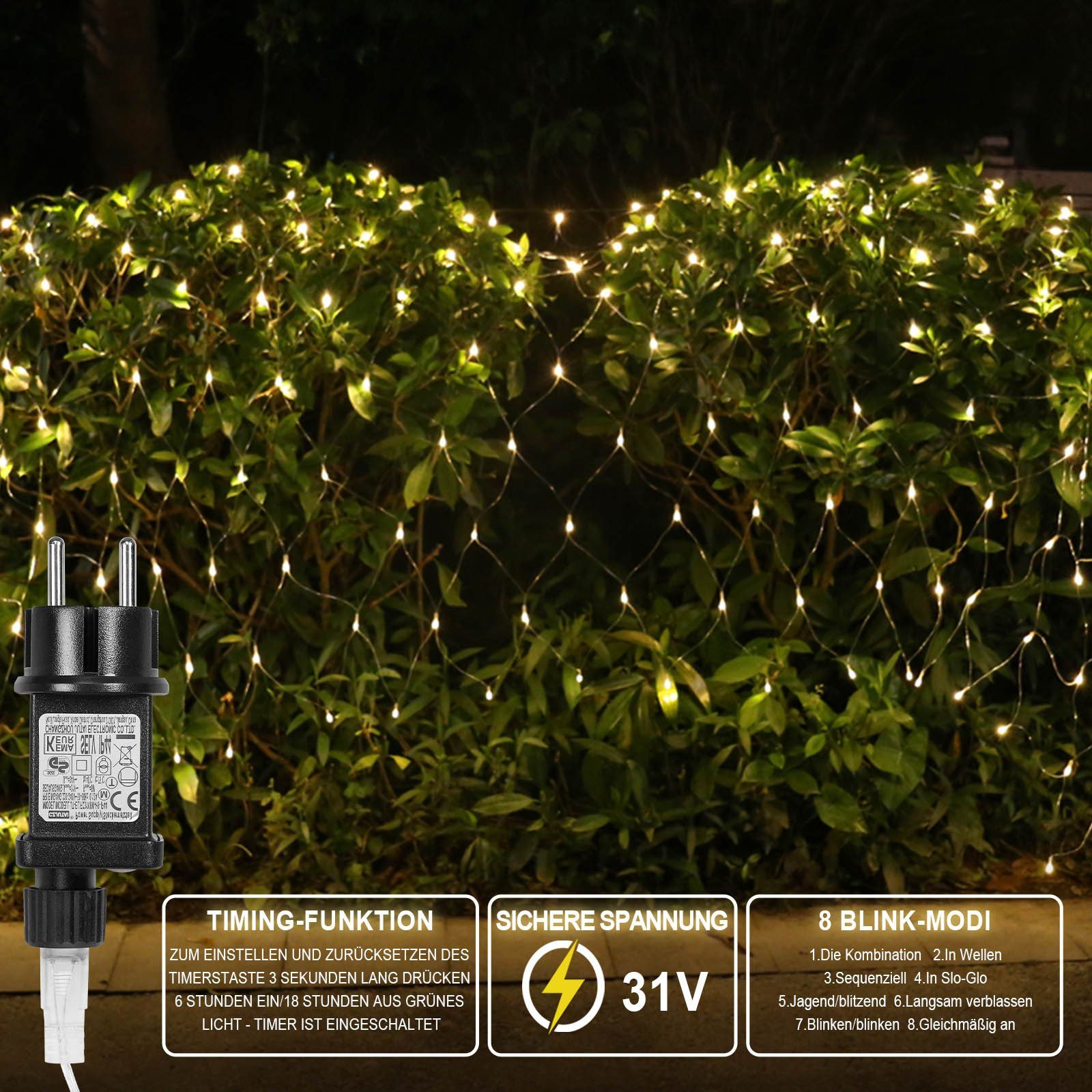Urlaubsdekoration Rosnek 8 200-flammig, LED-Lichternetz Speicherfunktion; 2x3/4x6M, für Gartenzäune Weihnachtsfeier, für modi, wasserdicht; Hochzeit Timer,