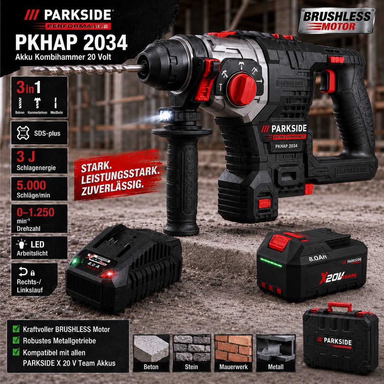 PARKSIDE PERFORMANCE® Kombihammer 20V Akku-Kombihammer PKHAP 2034-Li 3J, Akku 4.0 Ah, Ladegerät C3, 20 V