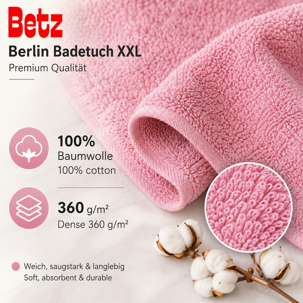 Betz Badetuch Berlin Größe 100 x 200 cm Saunatuch & Strandtuch 360 g/m², 100% Baumwolle (1 Stück, 1-St), saugstark & weich – großes Handtuch mit Aufhänger – Ser – Bild 5 von 5