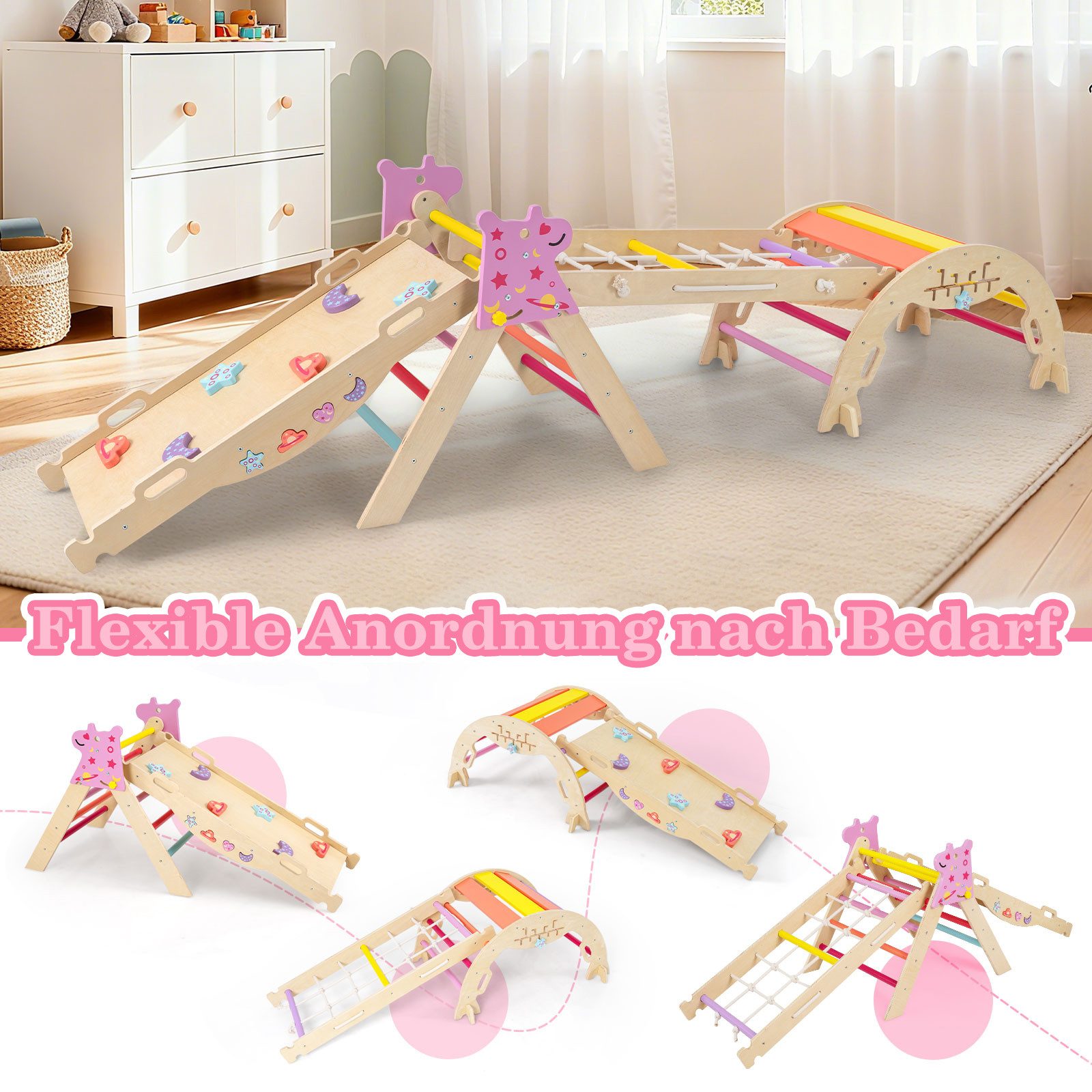 COSTWAY Klettergerüst, (4-St), mit Rutsche, Kletterbogen, Netz, doppelseitige Rampe