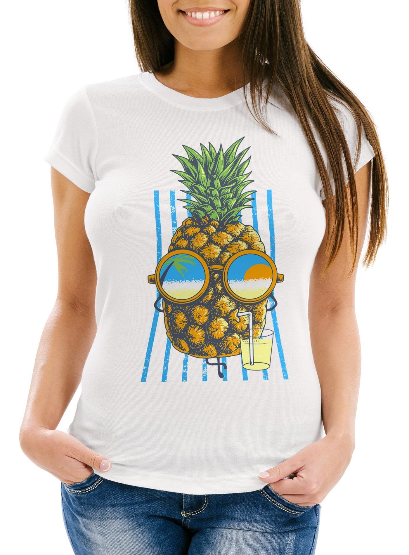 Neverless Print-Shirt Damen T-Shirt chilling Ananas Pinapple Sommer Beach Cocktail mit Print