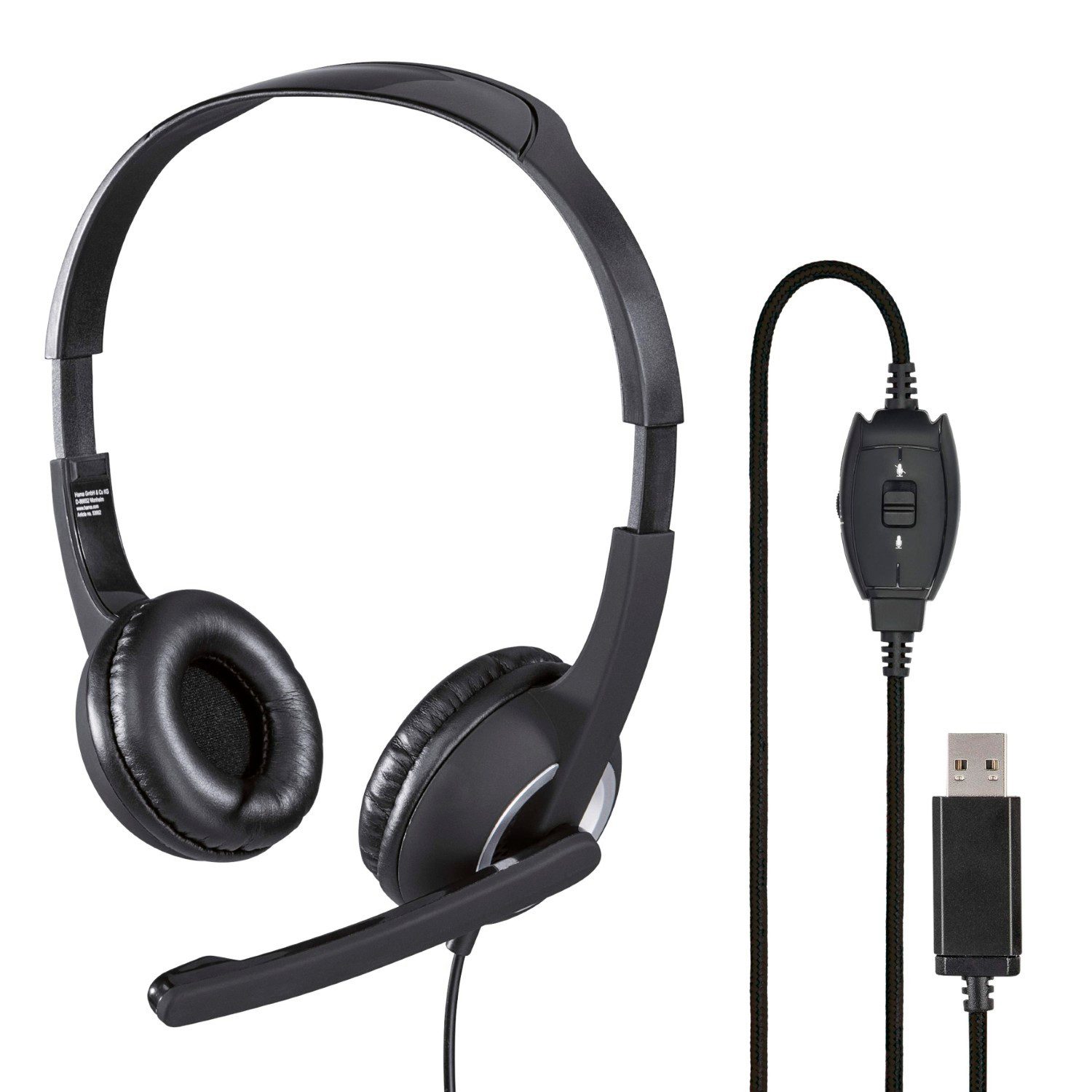 Hama Office Over-Ear Headset USB Stereo Schwarz PC-Headset (Mikrofon, PC Büro Kophörer Mikrofon Mikro Kopfbügel 2m Kabel Fernbedienung)