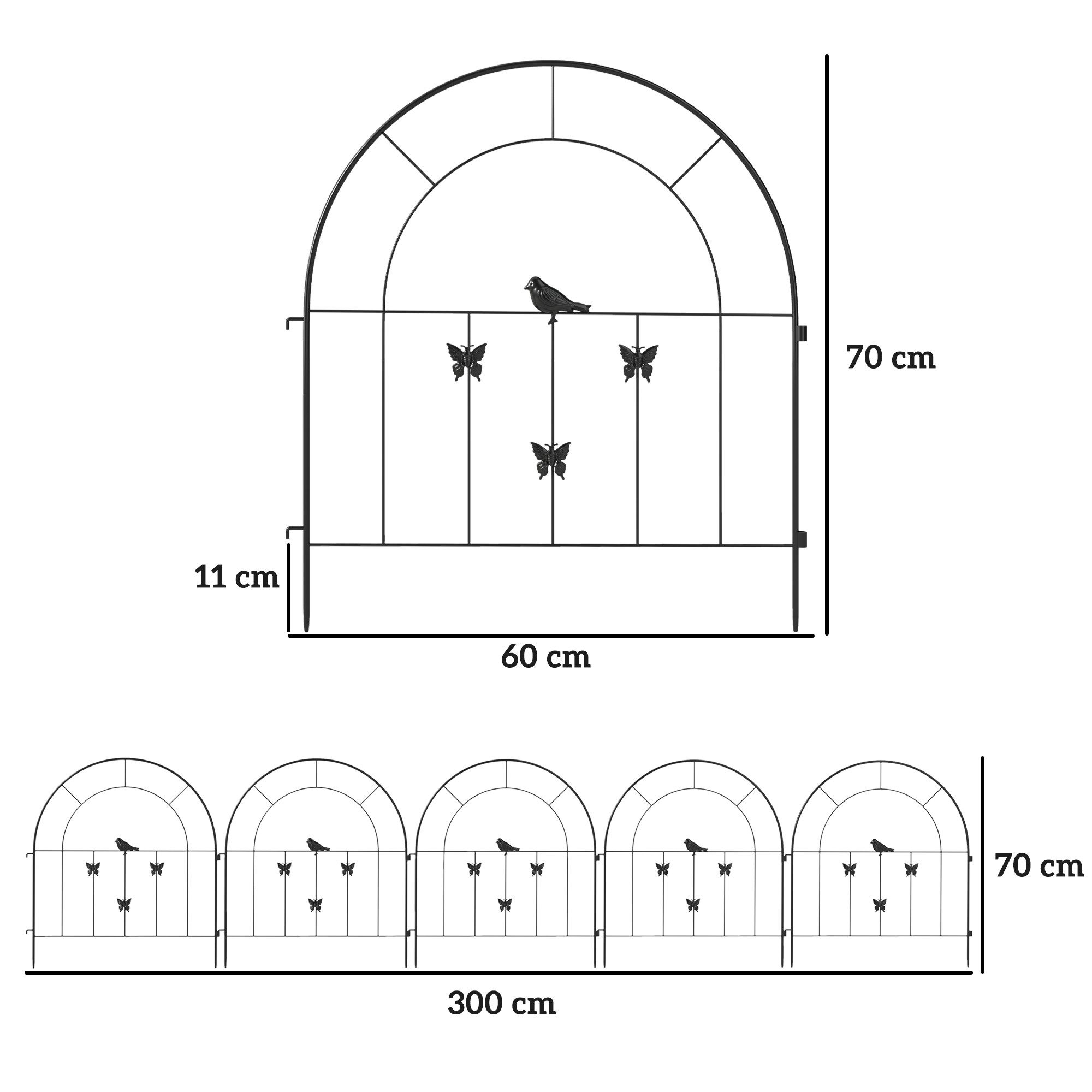 Outsunny Gartenzaun 300 cm x 70 cm hoch, Oberbogen Zaun für Hunde, (Zaun aus Stahl, 5-St., Dekorativer Gitterzaun Set), für Garten Blumenbeete Tierbarriere Außenbereich Schwarz
