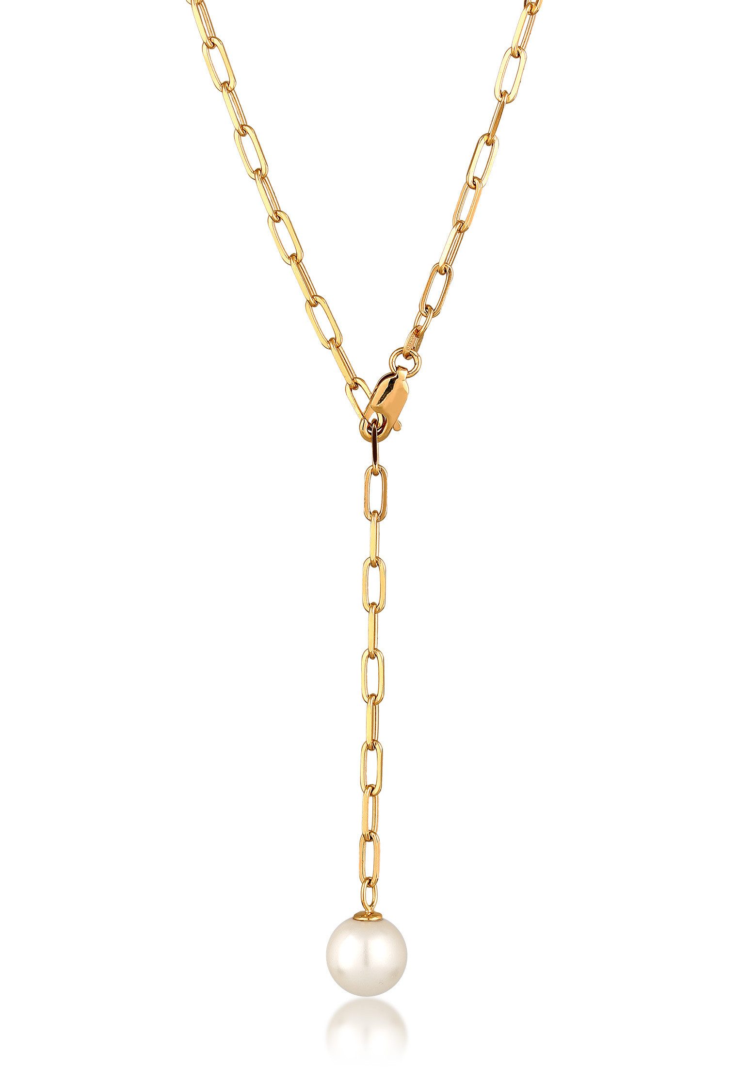 Elli Perlenkette Y-Kette Synthetische Perle Weiß 925 Sterling Silber vergoldet