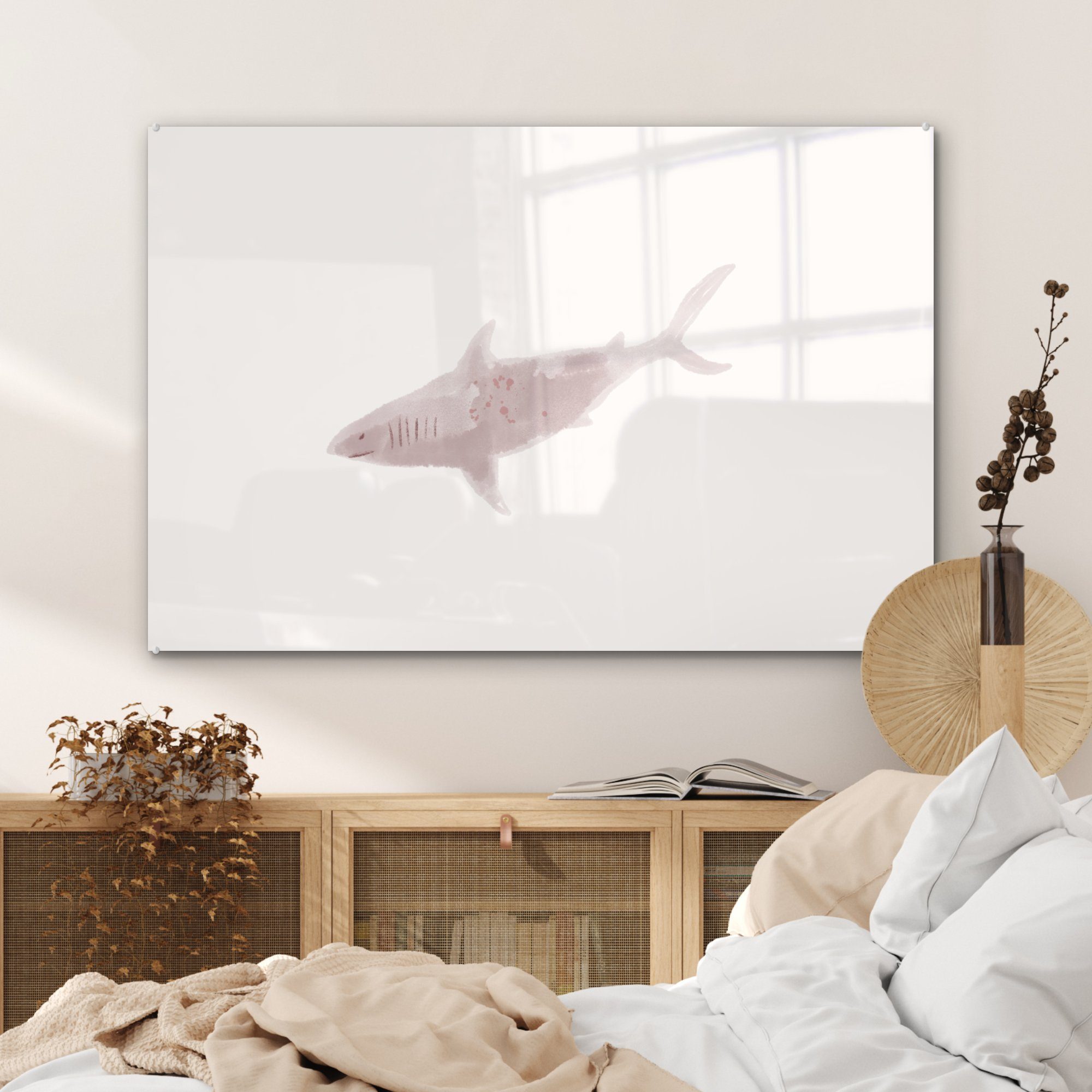 MuchoWow Acrylglasbild Hai - - Raubtiere Schlafzimmer & St), (1 Aquarell, Wohnzimmer Acrylglasbilder