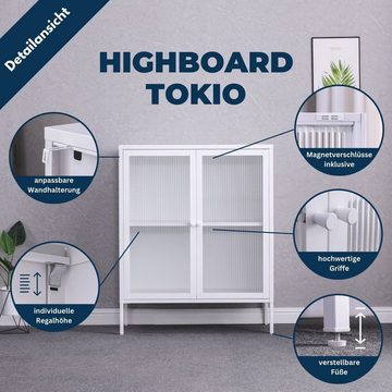 Coemo Highboard, Tokio Weiß Metall, 2 Glastüren, Einlegeboden - langlebig & elegant