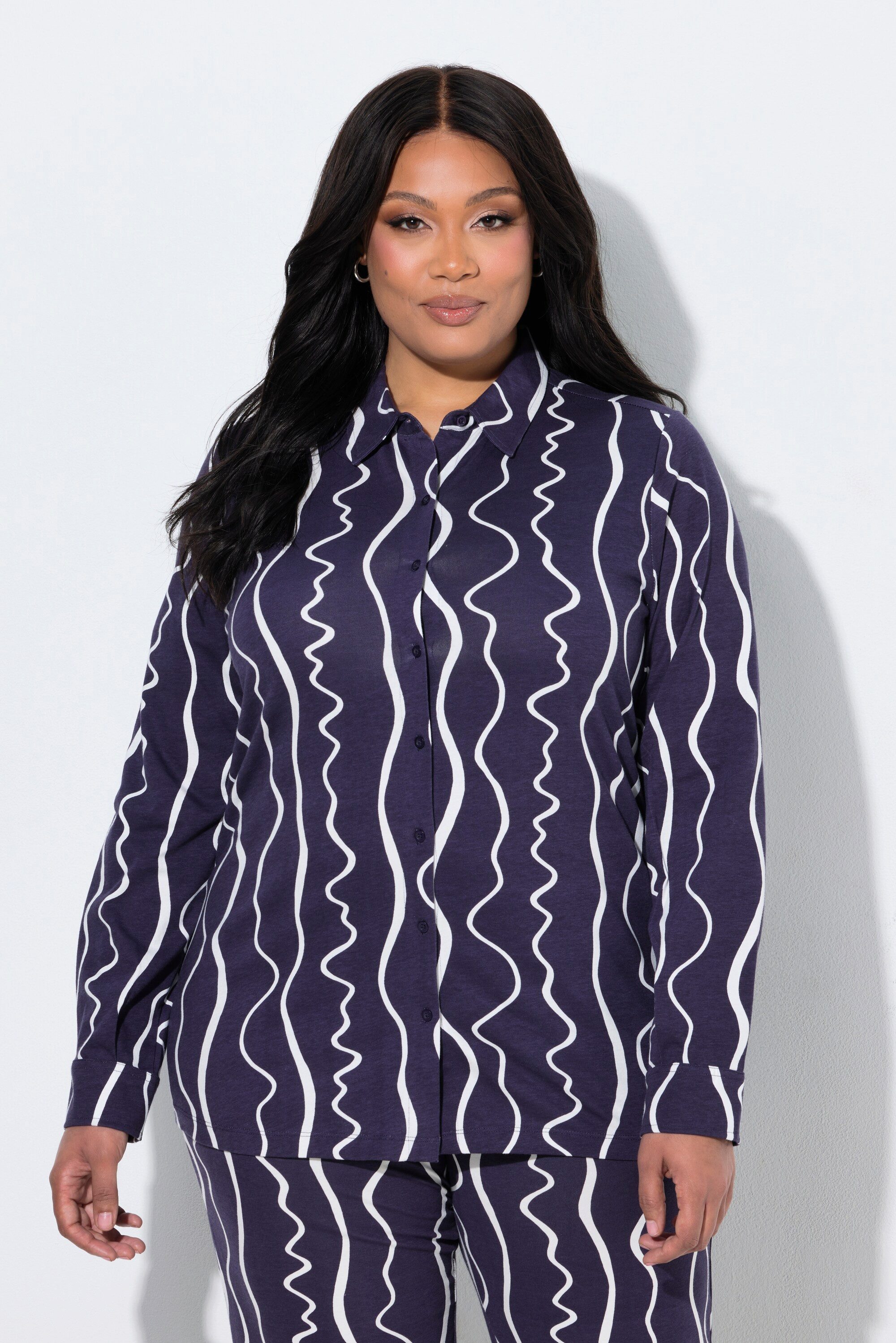 Ulla Popken Longshirt Jerseyhemd grafischer Druck Hemdkragen Langarm