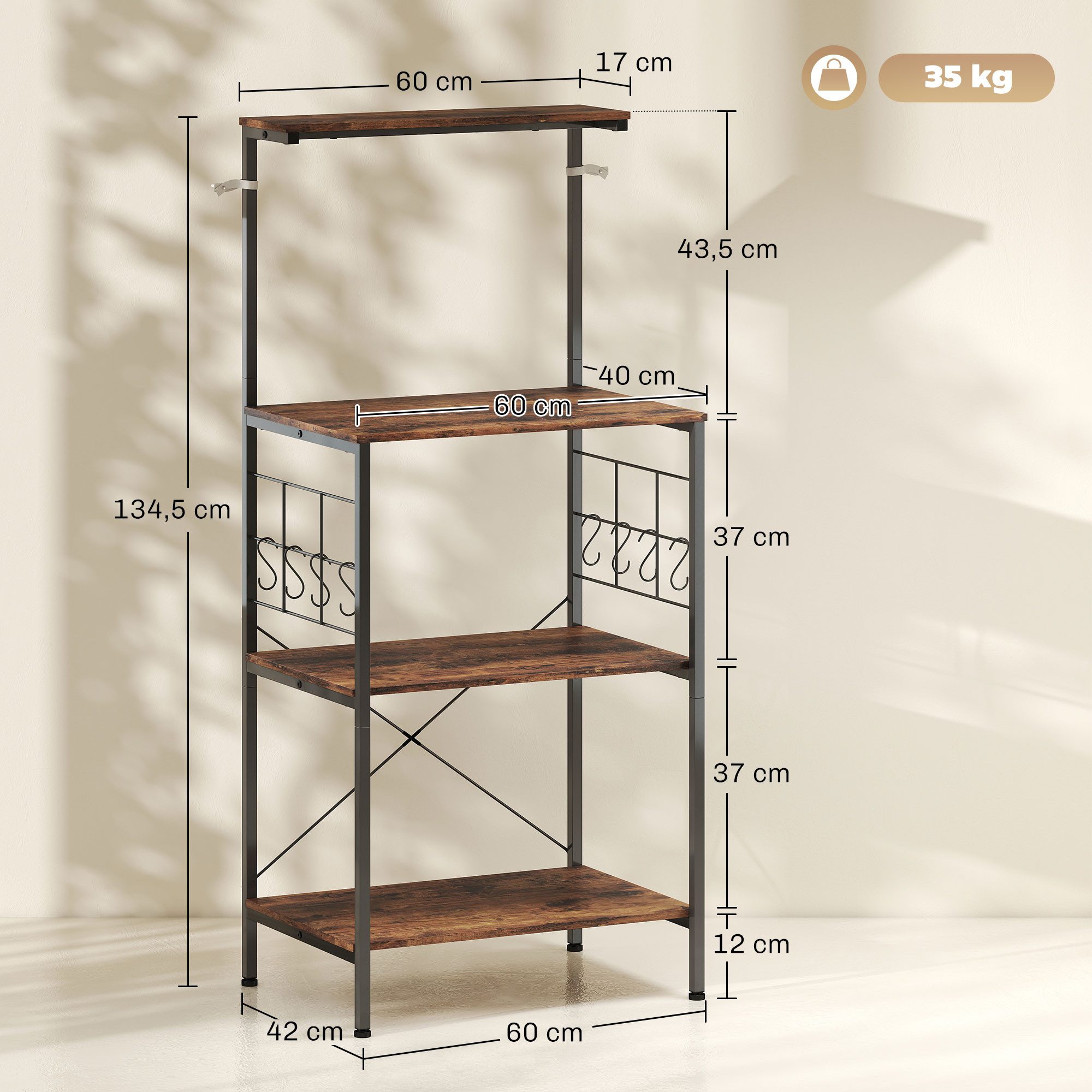 HOMCOM Küchenregal 4-stufiges Design, Arbeitsplatte, 8 Haken, Bäckerregal 1-tlg., aus Metallrahmen, Rustikal-Braun, 60cm x 42cm x 134,5cm